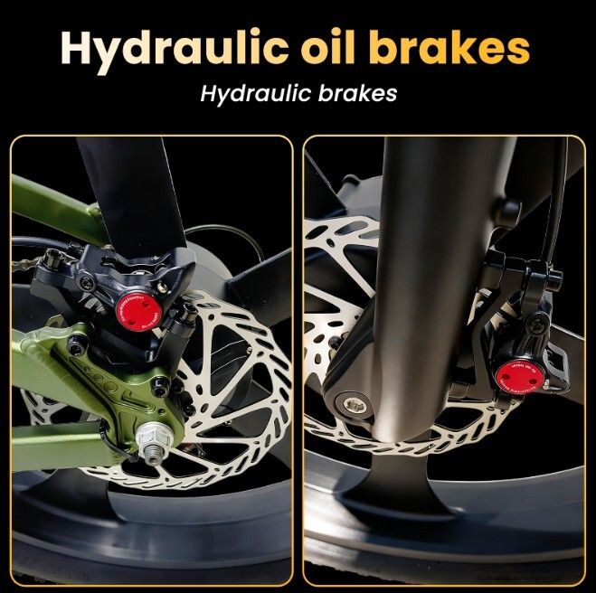 Nahaufnahme der hydraulischen Öldruckbremsen eines Mountainbikes. Rote Akzente an den Bremsen.