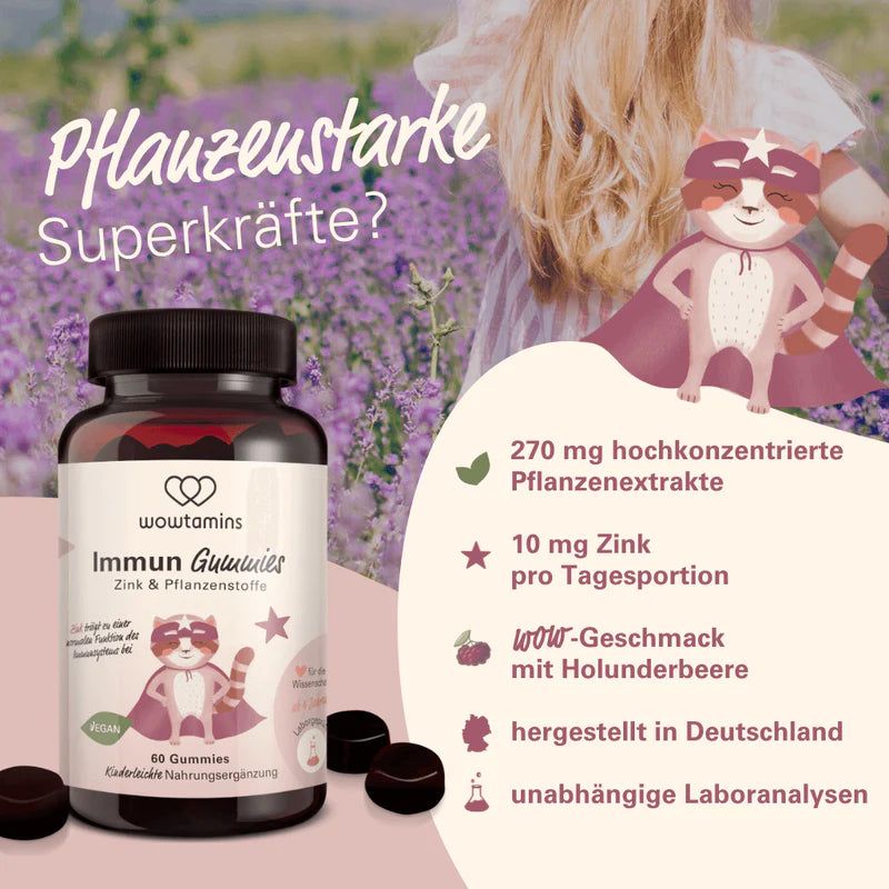 Flasche wowtamins Immun Gummies mit Aufdruck 'vegan' und 60 Stück.