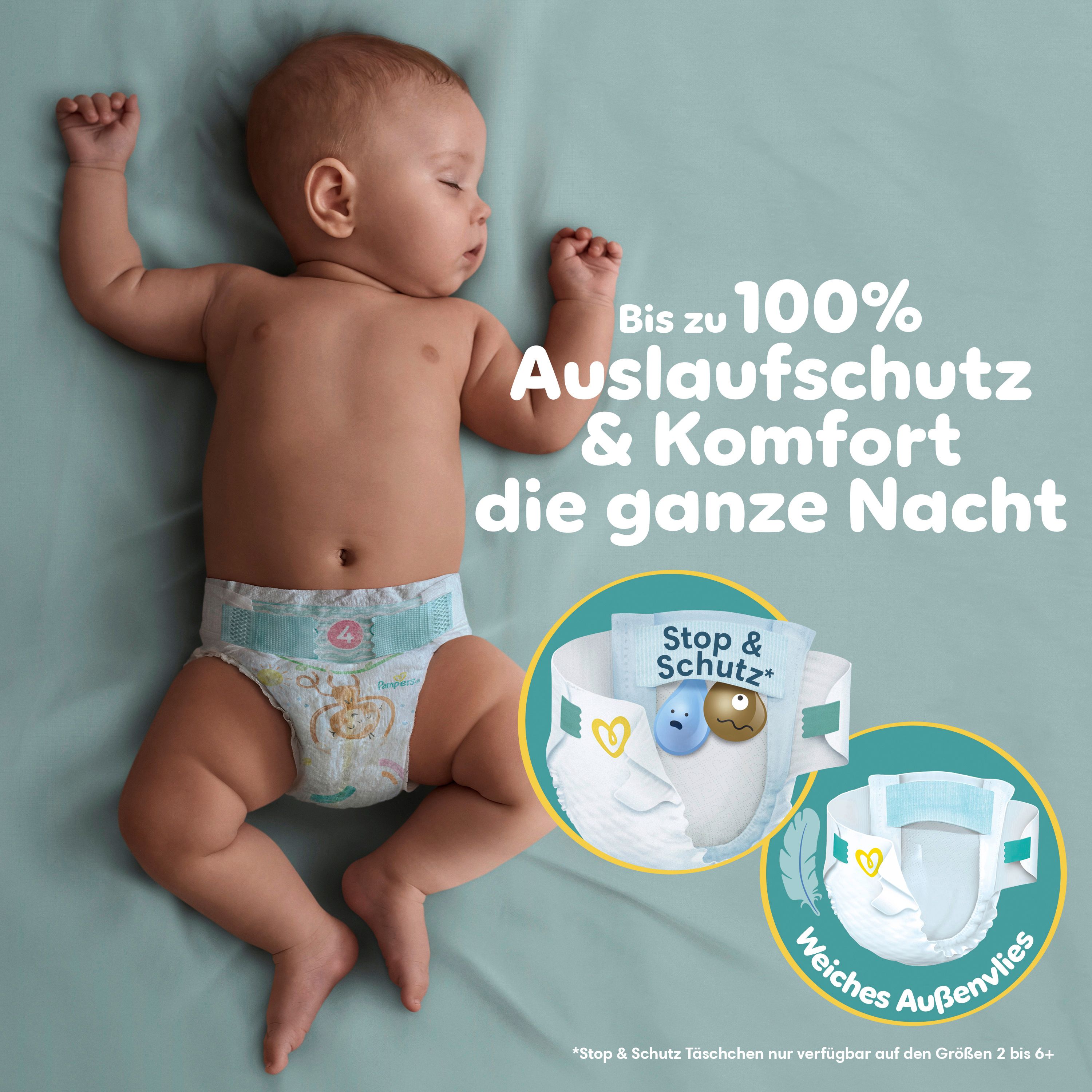 Baby liegt auf dem Rücken, trägt eine Windel. Zusätzliche Windel-Illustrationen zeigen Details. Text: Bis zu 100% Auslaufschutz & Komfort die ganze Nacht.
