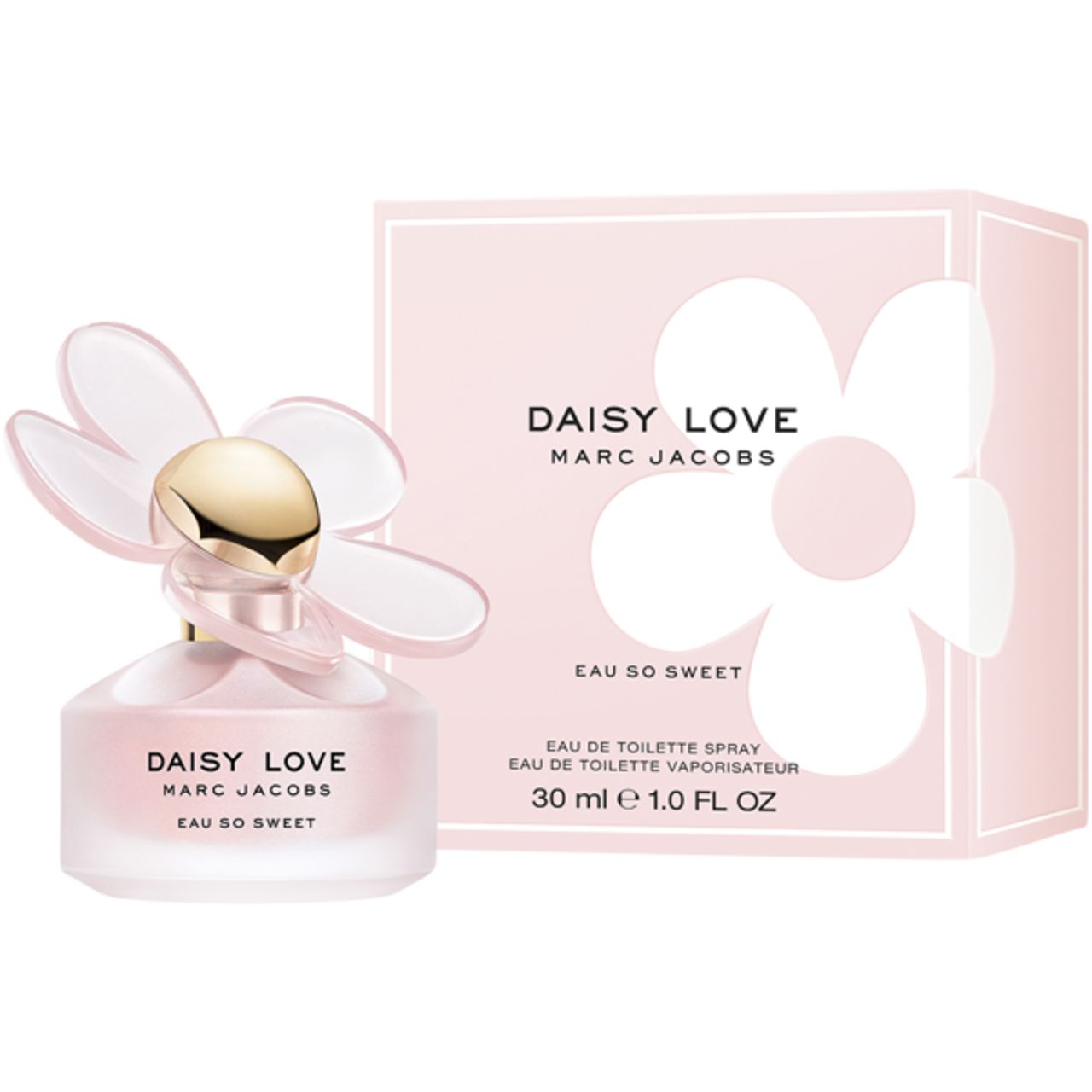 Rosa Flakon und Schachtel. Flakon mit goldfarbenem Verschluss und Blüten-Applikation. Aufschrift: Daisy Love Eau So Sweet.