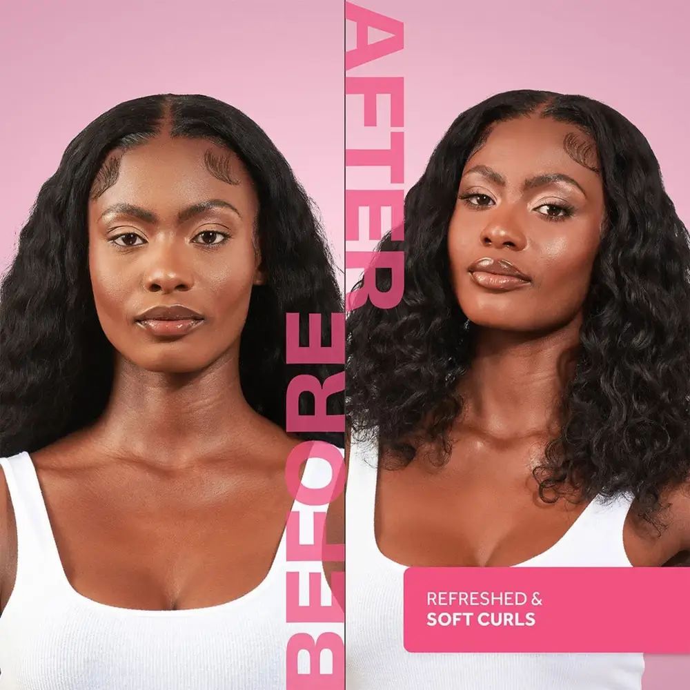 Vorher-Nachher-Vergleich einer Frau mit glattem und dann gelocktem Haar. "Refreshed & Soft Curls" wird angezeigt.