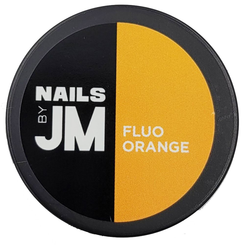 Runder Behälter, geteilt in Schwarz und Orange. Auf Schwarz steht weiß "NAILS BY JM". Auf Orange steht "FLUO ORANGE".
