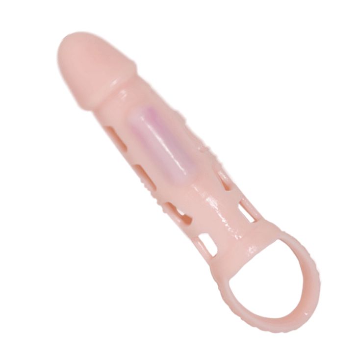 Rosa Verlängerungshülse mit Vibration. Längliche Form, offene Struktur, Basisring.