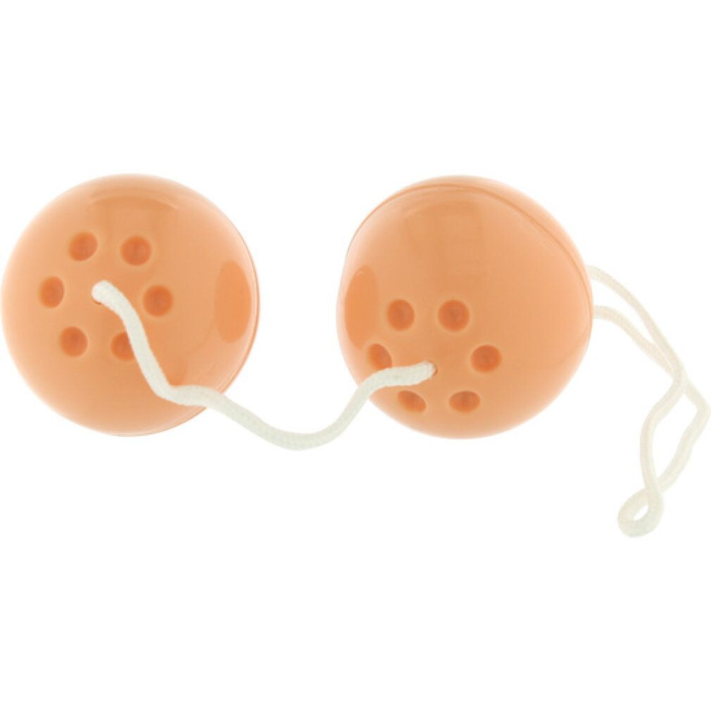 Zwei orangefarbene Kugeln mit Löchern, verbunden durch eine Schnur. Die Kugeln sind rund. Die Schnur ist weiß.