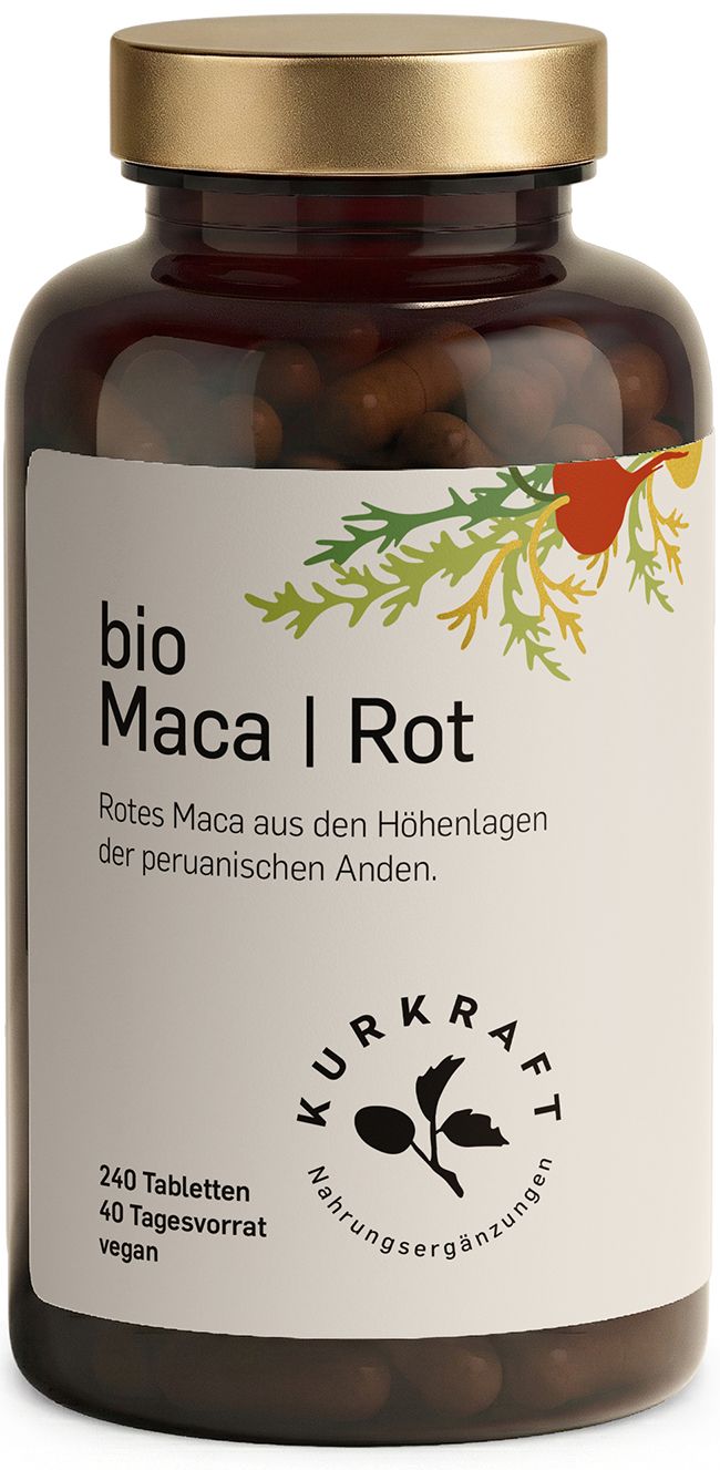 Braune Flasche mit Tabletten. Etikett: Bio Maca | Rot. 240 Tabletten. 40 Tagesvorrat. Text: Rotes Maca aus den Höhenlagen der peruanischen Anden. Logo: Kurkraft.
