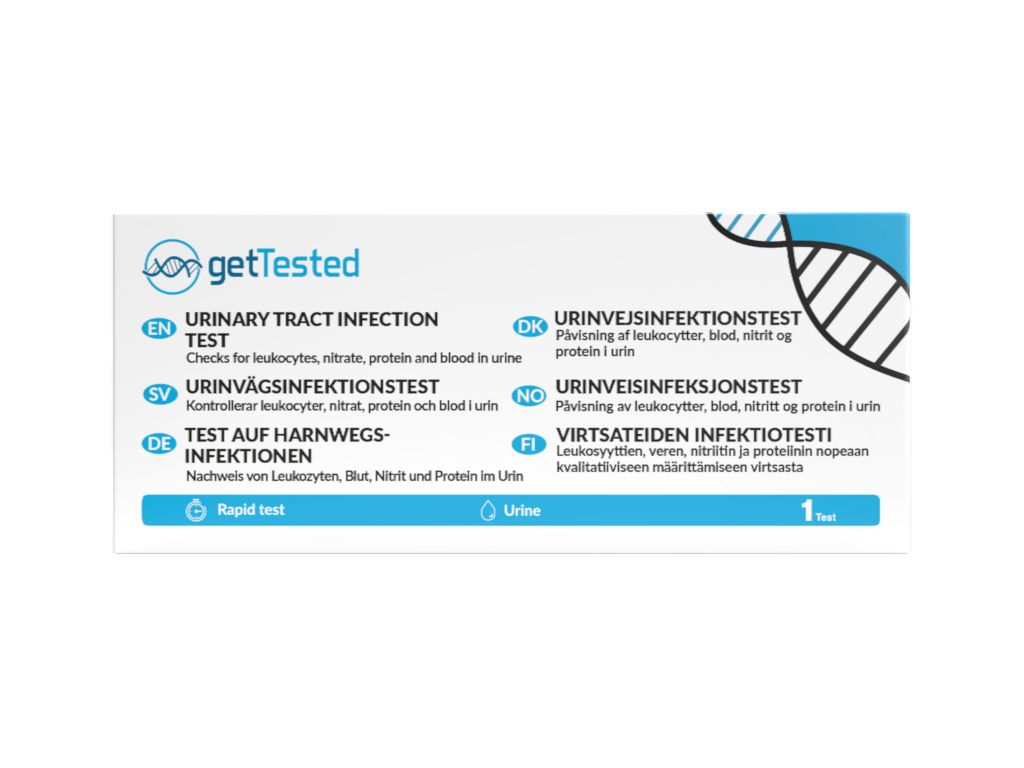 Verpackung mit Produktinformationen. Aufschrift: getTested. Text in mehreren Sprachen. Teststreifen für Harnwegsinfektionen.