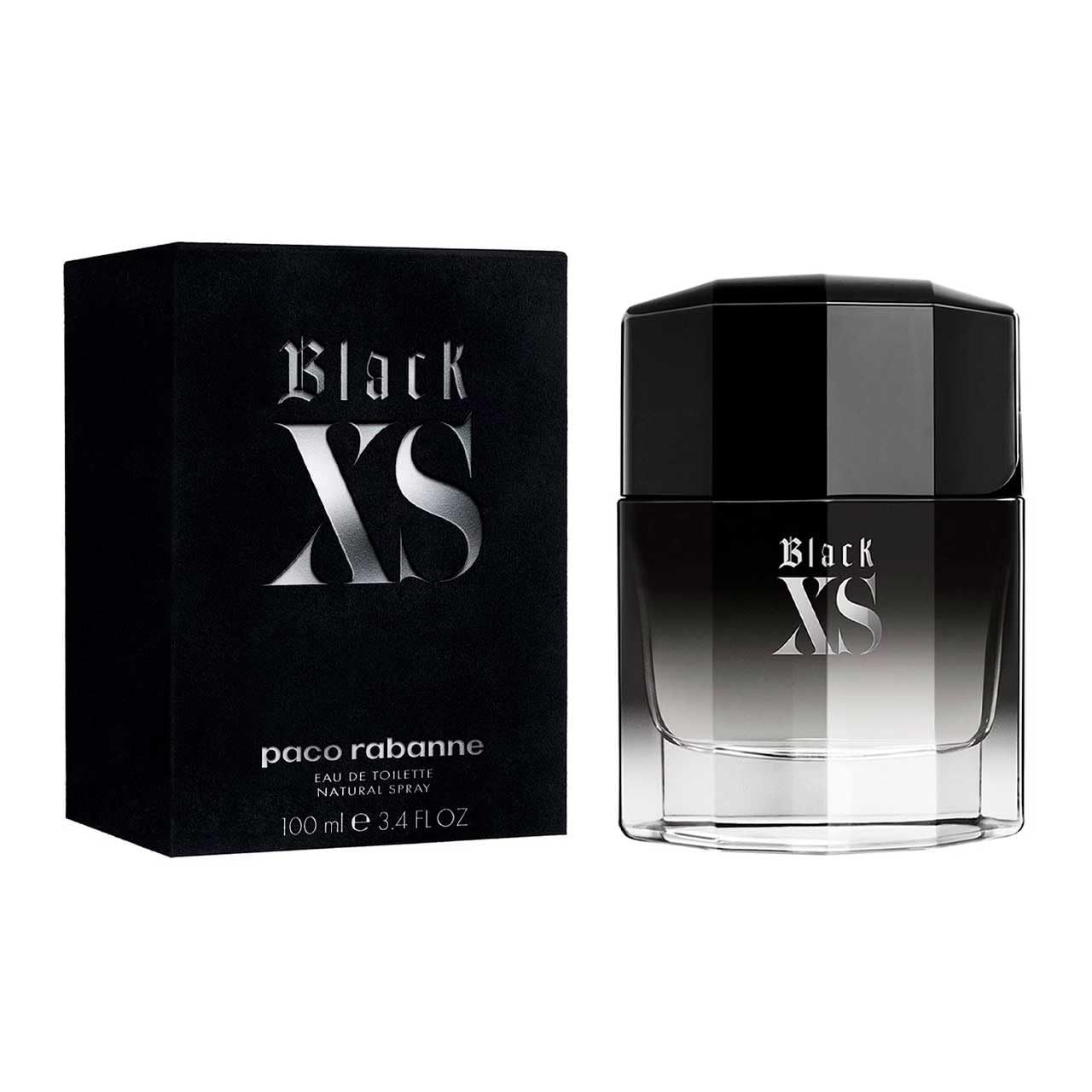 Schwarzer Karton und Flakon. Aufschrift "Black XS" und "paco rabanne". Flakon mit schwarzem Deckel und Farbverlauf.