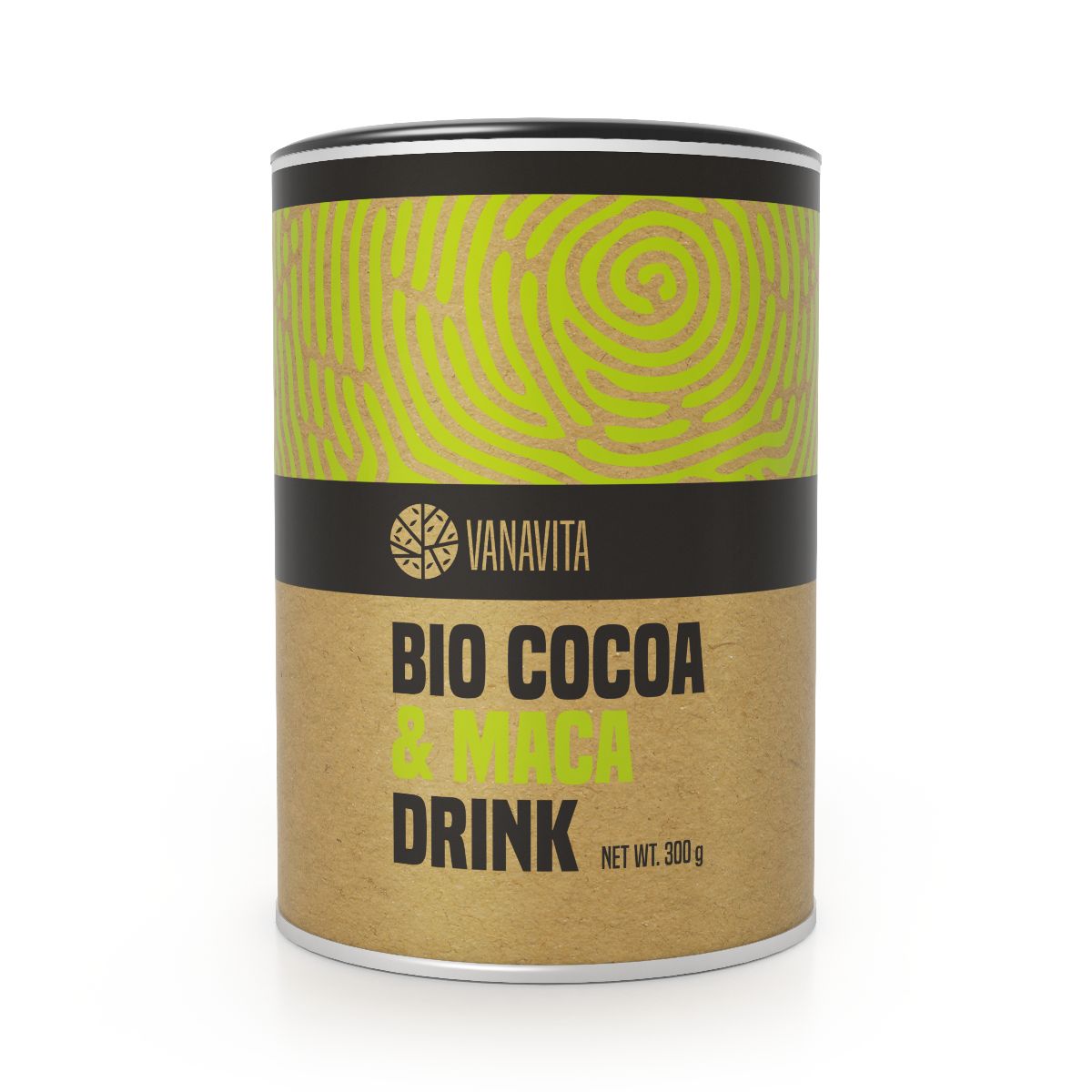 Vanavita BIO Kakao & Maca Drink Pulver in einer runden Dose mit Etikett.