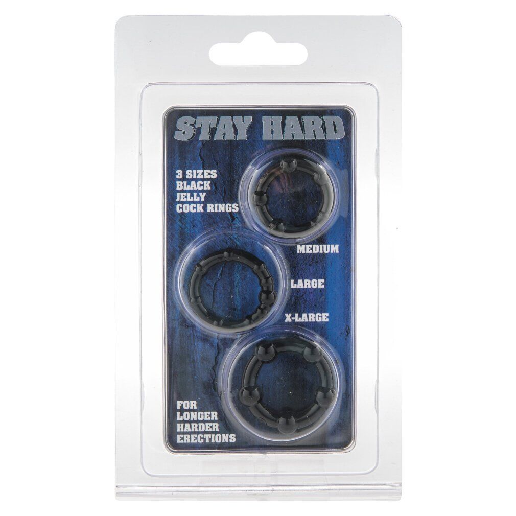 Verpackung mit drei schwarzen Penisringen in verschiedenen Größen. Text: STAY HARD, 3 Größen, Jelly Cock Rings.