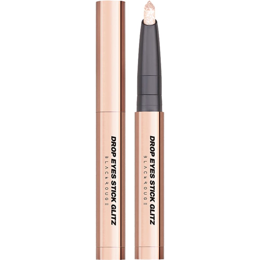 Lidschattenstift mit roségoldfarbenem Gehäuse. Produktname: DROP EYES STICK GLITZ. Text auf dem Stift.