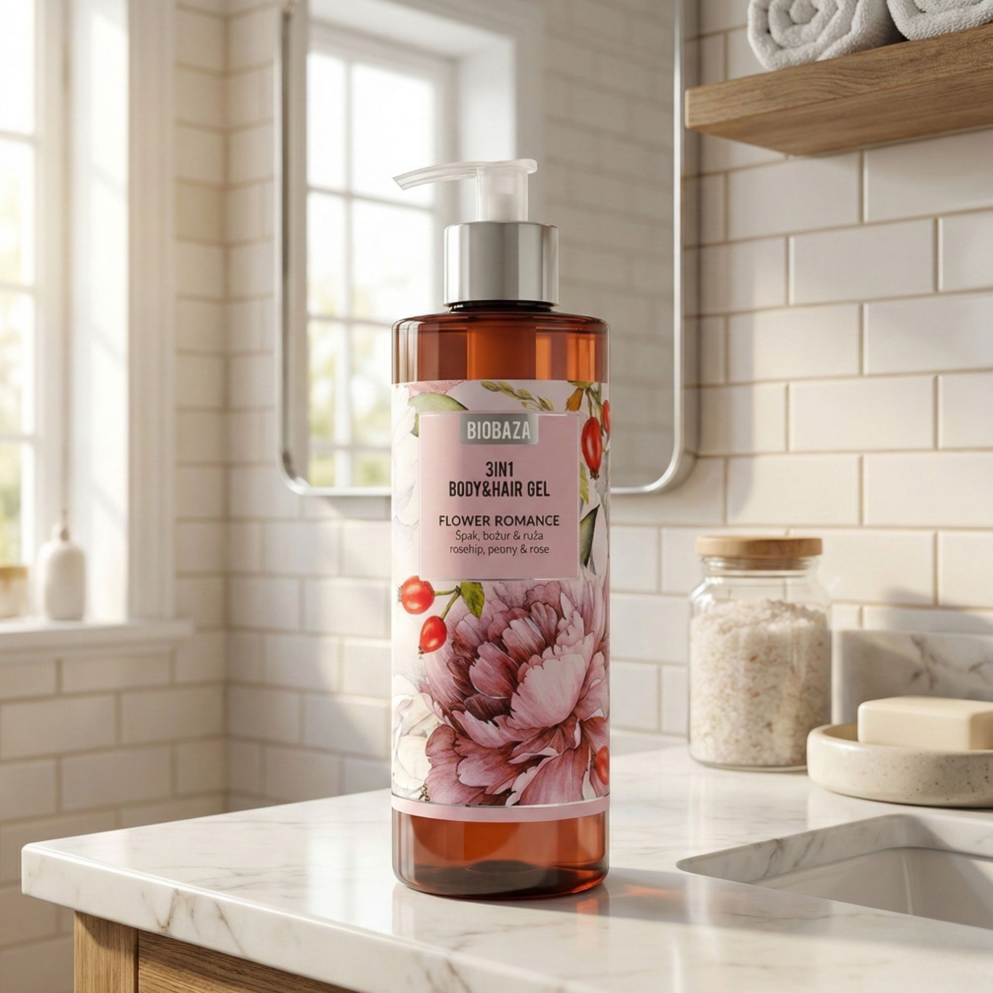 Braune Flasche mit Pumpe. Etikett mit Produktname und floralem Design. Auf Marmorablage im Badezimmer.