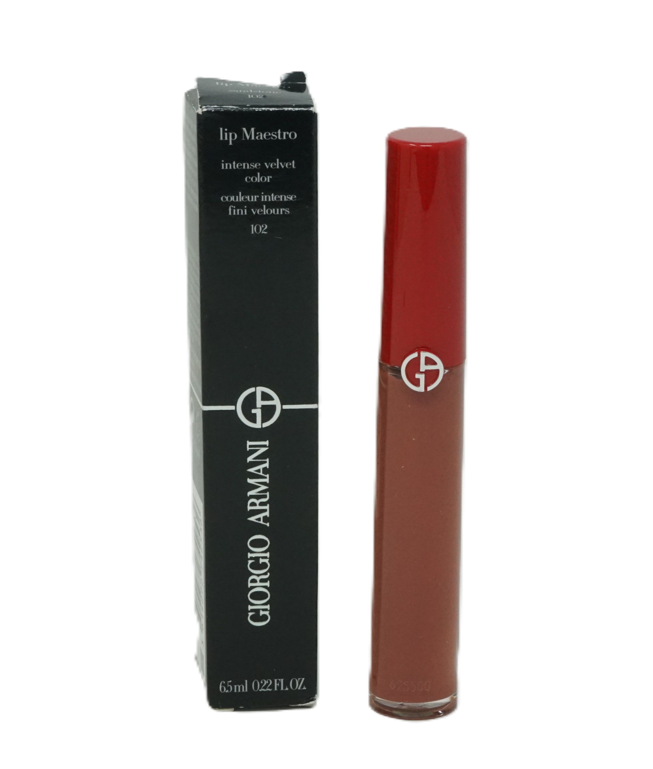 Lippenstift mit schwarzer Verpackung. Aufschrift: Giorgio Armani, Lip Maestro, intense velvet color. Rote Kappe, braune Farbe.