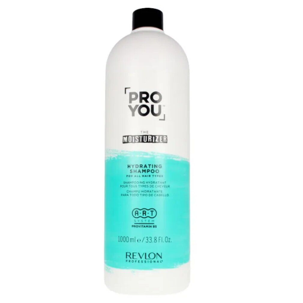 Weiße Shampoo-Flasche mit schwarzem Deckel. Aufschrift: Pro You The Moisturizer. Türkisfarbener Streifen mit Text. Revlon-Logo.
