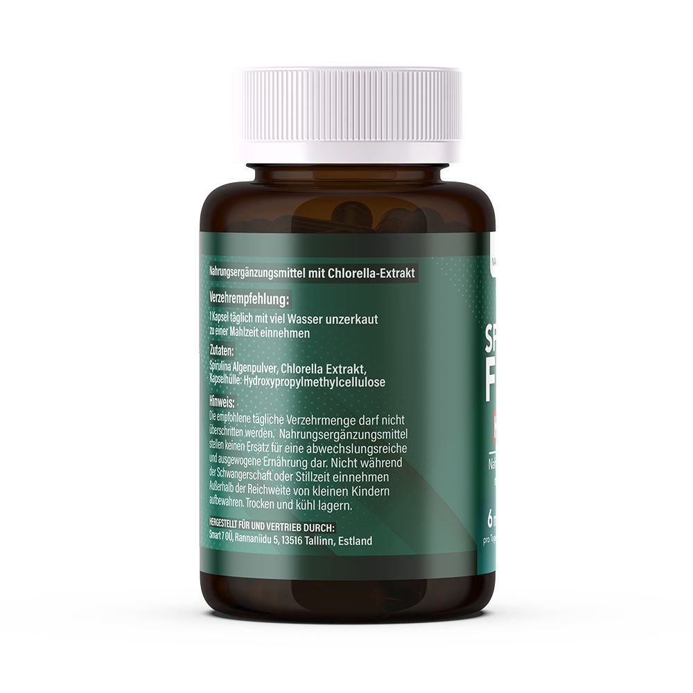 Rückseite der Flasche mit Inhaltsstoffen und Verzehrempfehlung. Text in deutscher Sprache. Braune Flasche mit weißem Deckel.