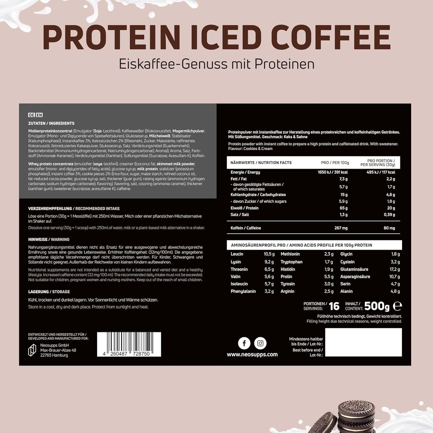 Rückseite der Verpackung von Protein Iced Coffee. Text: Zutaten, Nährwertangaben, Aminosäurenprofil, 16 Portionen, 500g.