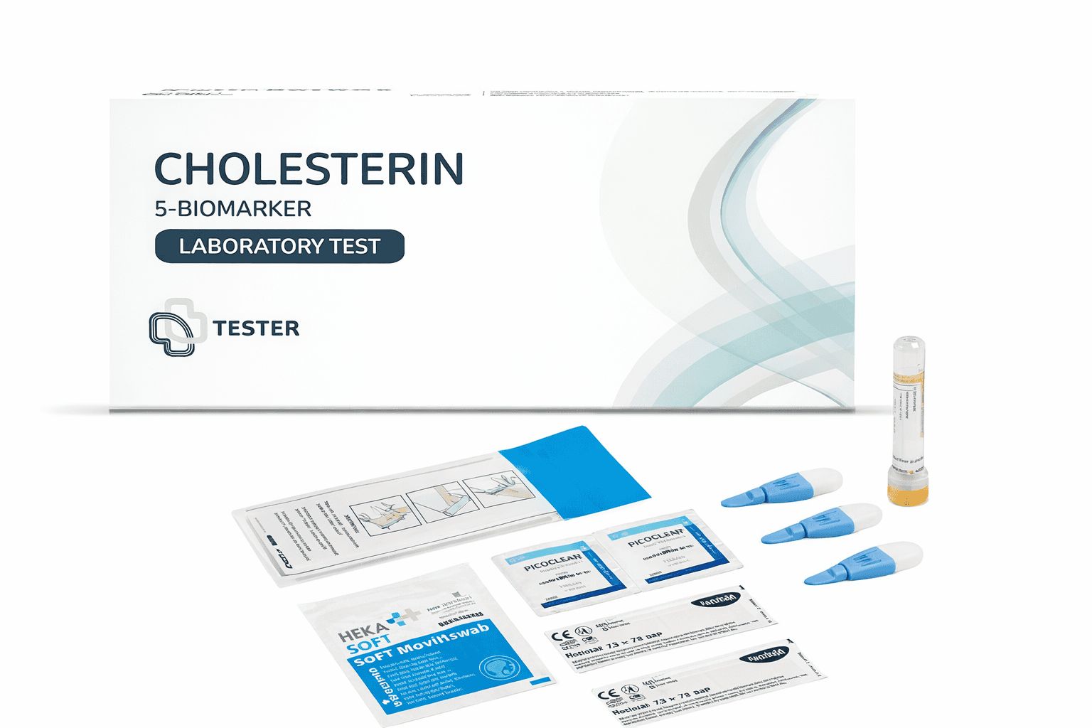 Cholesterin 5-Biomarker Labortest von Tester. Enthält Testkassette, Lanzetten, Alkoholtupfer und Anweisungen.