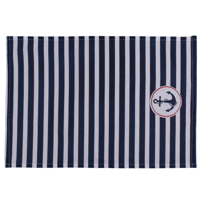 Geschirrtuch mit blau-weißen Streifen und Anker-Motiv in einem runden Rahmen.