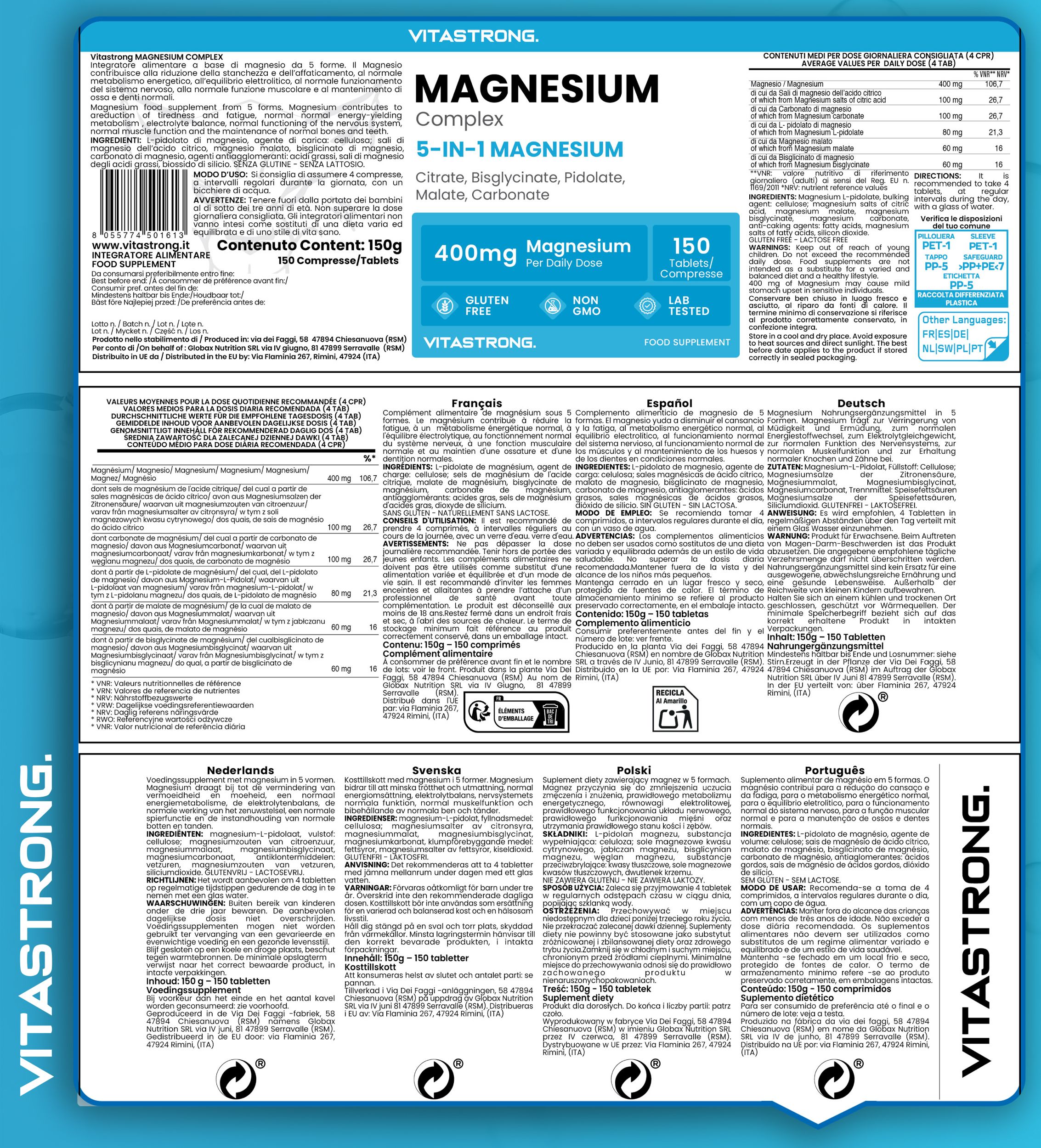 Verpackung von Magnesium-Komplex 5-in-1. Enthält 150 Tabletten. Mehrsprachige Informationen. Vitastrong-Logo.
