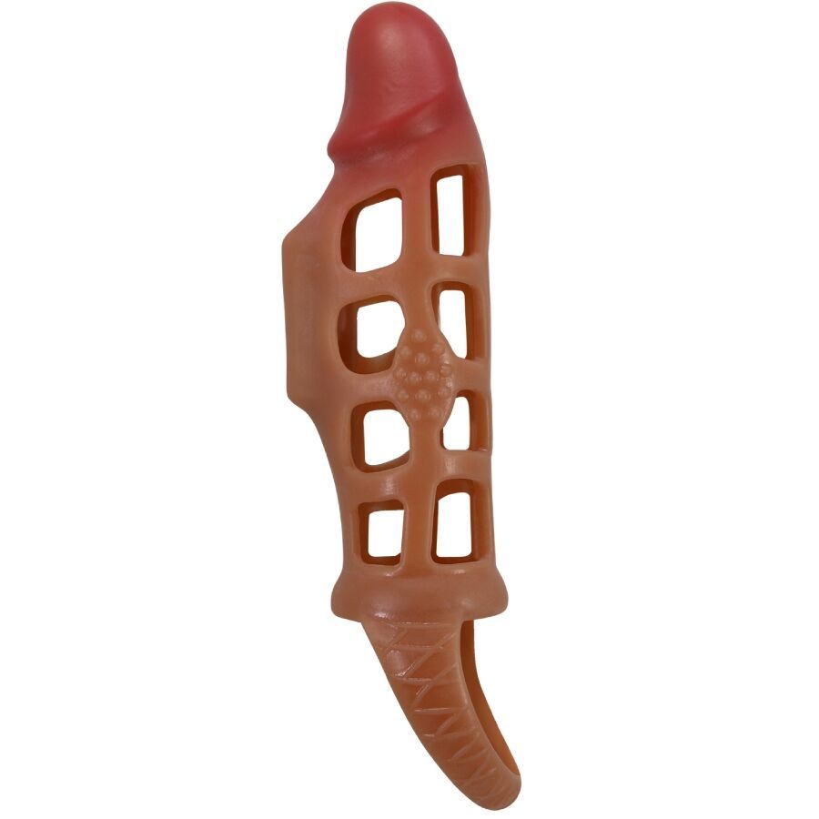 Rot-braune Penishülle mit Gitterstruktur und Ring. Gezeigt in diagonaler Ansicht.