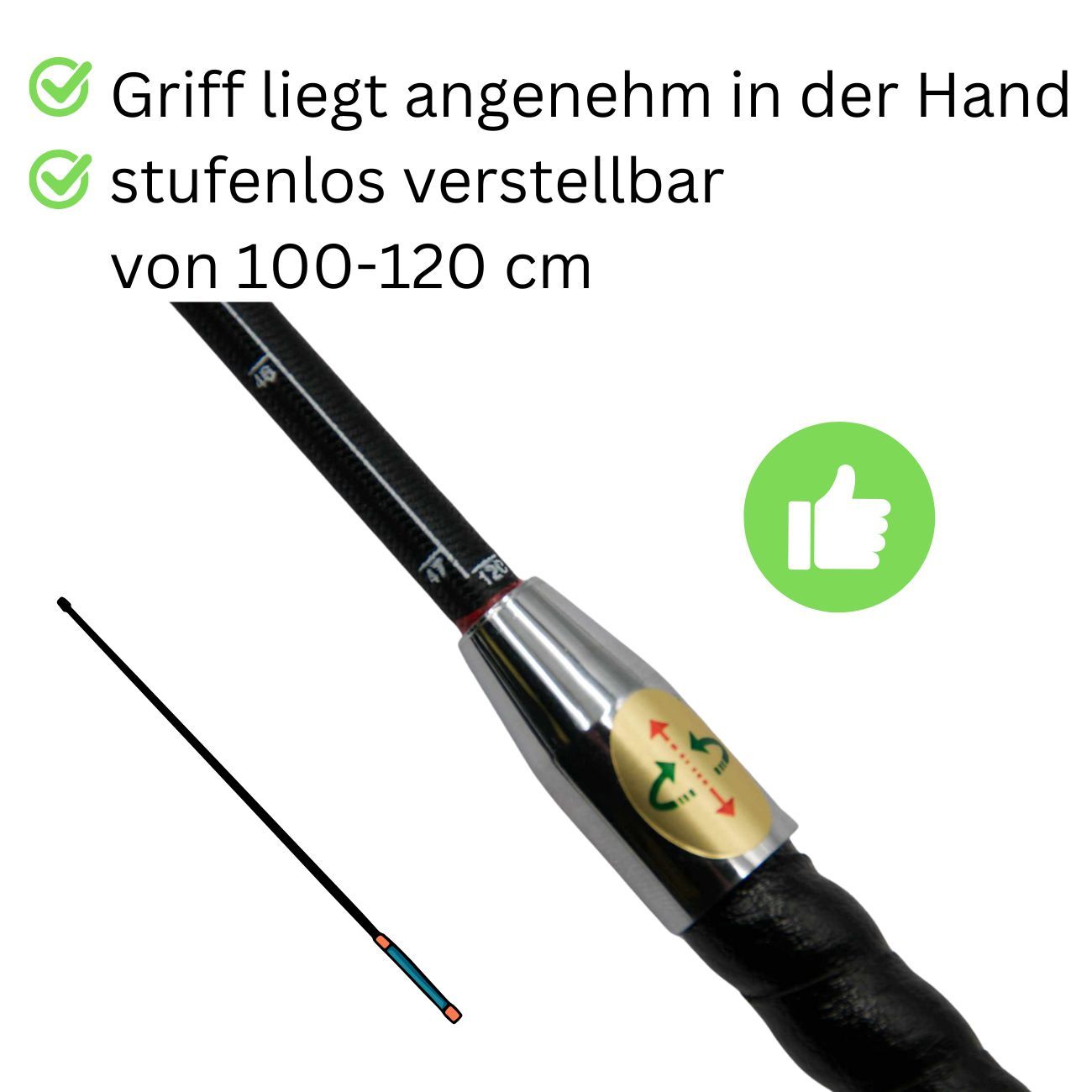 Dressurgerte, Detailansicht. Schwarzer Schaft, goldfarbene Details. Text: Griff liegt angenehm in der Hand, stufenlos verstellbar von 100-120 cm.