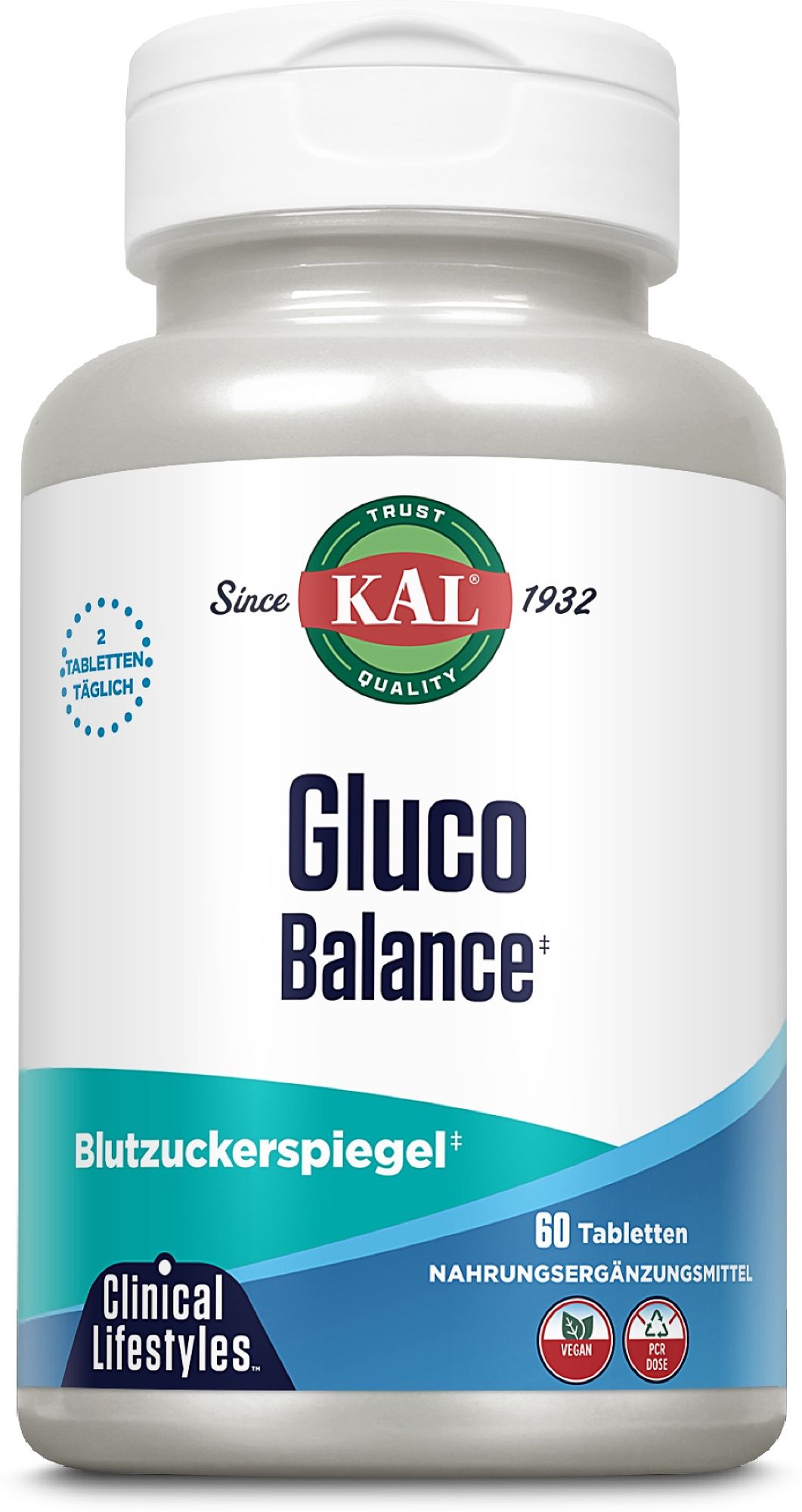 KAL Gluco-Balance Flasche mit 60 Tabletten zur Unterstützung des Blutzuckerspiegels.