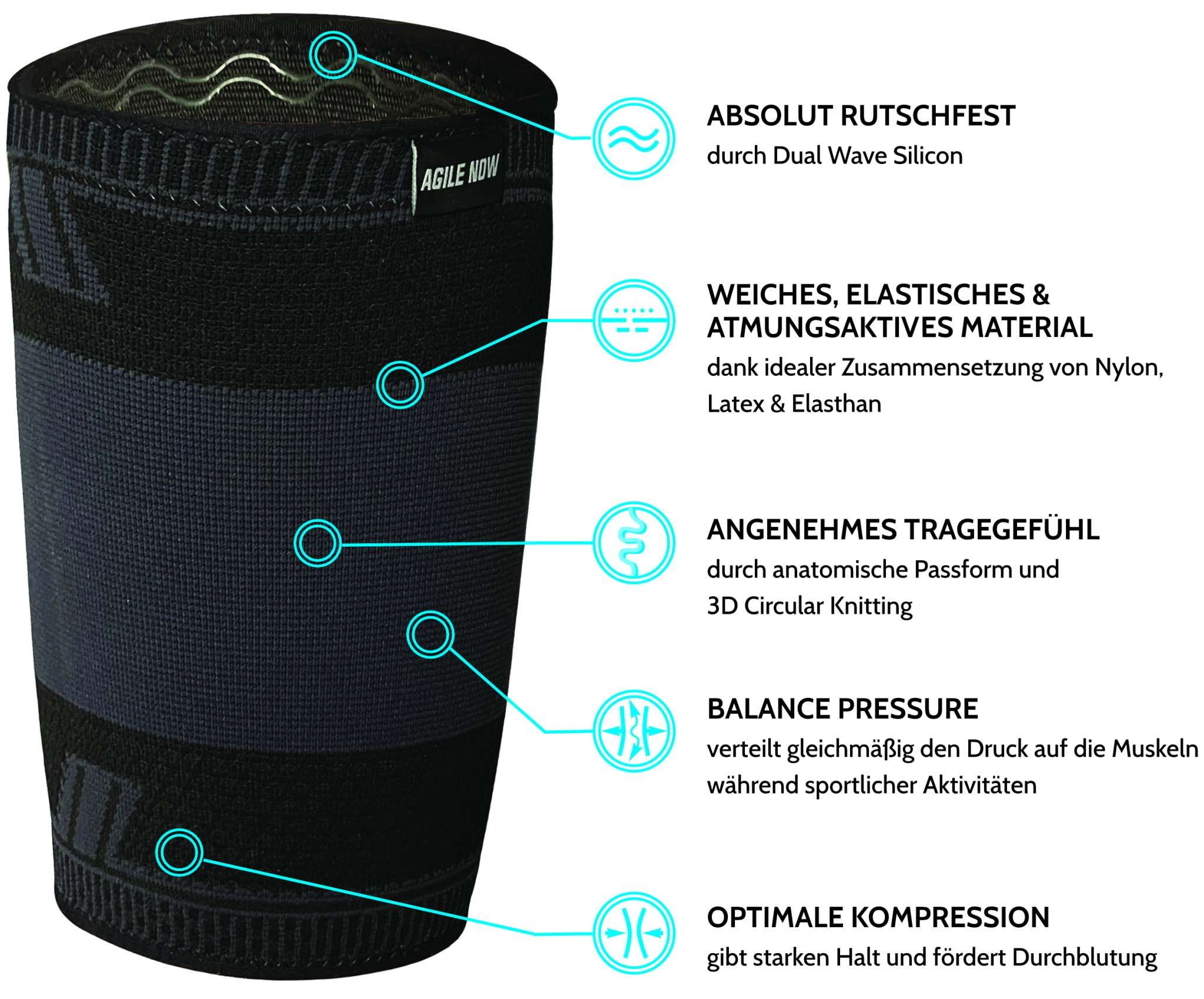 Oberschenkelbandage mit Text: Absolut rutschfest, weiches Material, angenehmes Tragegefühl, Balance Pressure, optimale Kompression.