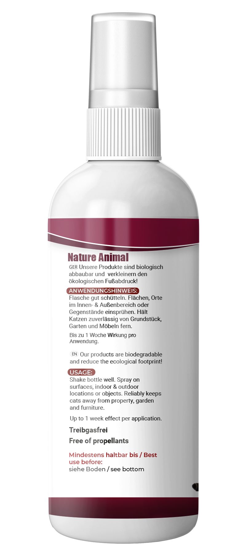 Rückseite einer weißen Sprühflasche. Text: Nature Animal, Anwendungshinweise, Treibgasfrei. Text in Englisch: Usage.