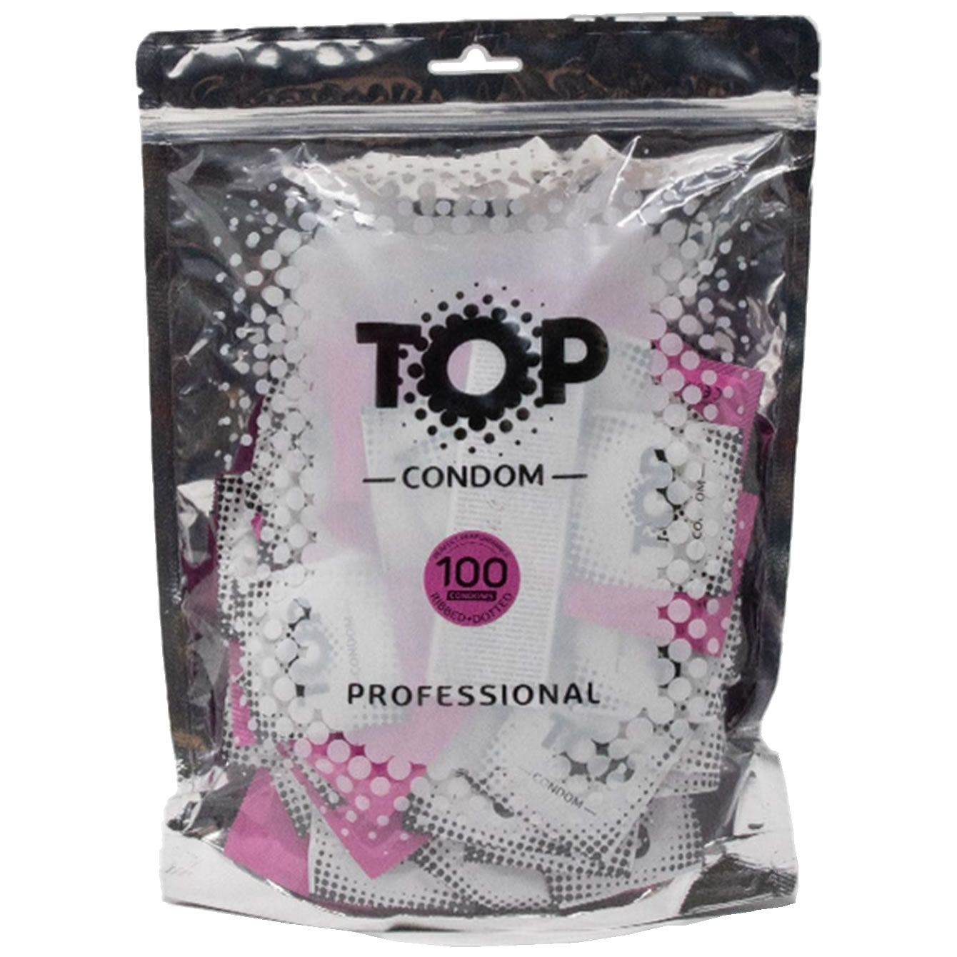 Verpackung mit Kondomen. Aufschrift TOP CONDOM, 100 Stück. Professionell. Transparente Verpackung mit silbernem Rand.