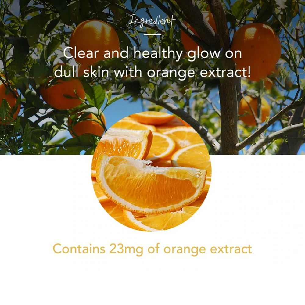 Nahaufnahme von Orangenstücken. Text: Enthält 23mg Orangenextrakt. Text: Klarer und gesunder Glanz auf fahler Haut.
