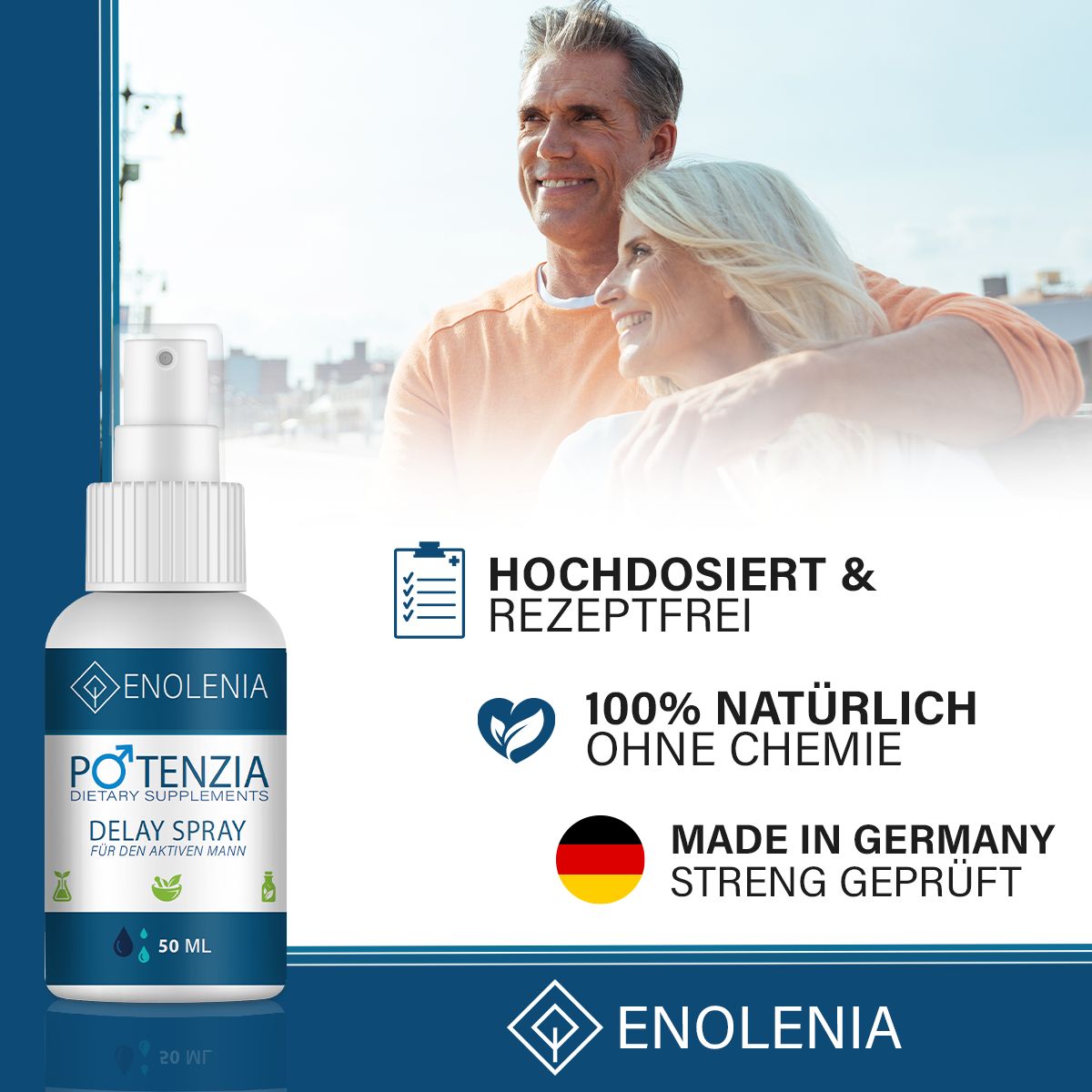 Produkt mit älterem Paar im Hintergrund. Text: Hochdosiert & Rezeptfrei, 100% natürlich, Made in Germany.