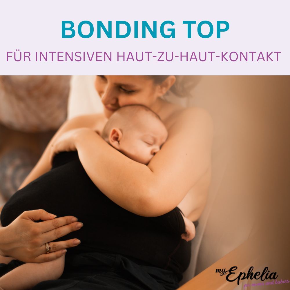 Mutter hält Baby in schwarzem Bonding Top. Aufschrift: BONDING TOP. Logo: myEphelia.