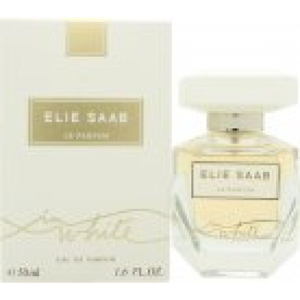 Parfümflakon und Verpackung. Flakon mit weißem Deckel. Verpackung mit goldener Schrift: ELIE SAAB LE PARFUM in white.