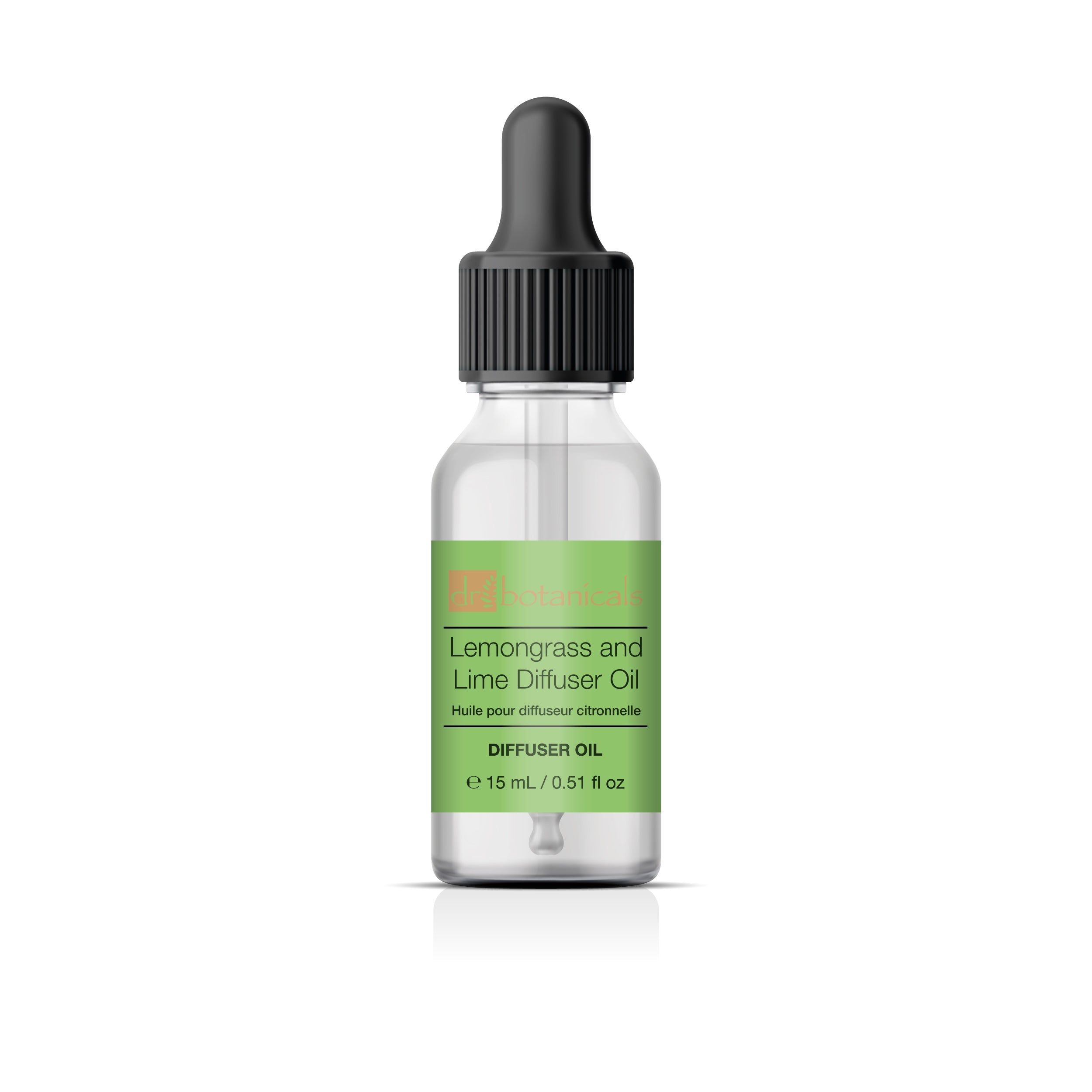 Klare Glasflasche mit schwarzem Tropfer. Etikett: Lemongrass and Lime Diffuser Oil. Aufschrift: dr. botanicals. Volumen: 15 ml.