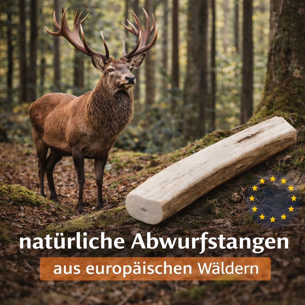 Ein Rothirsch im Wald neben einer halben Geweihstange mit EU-Siegel.