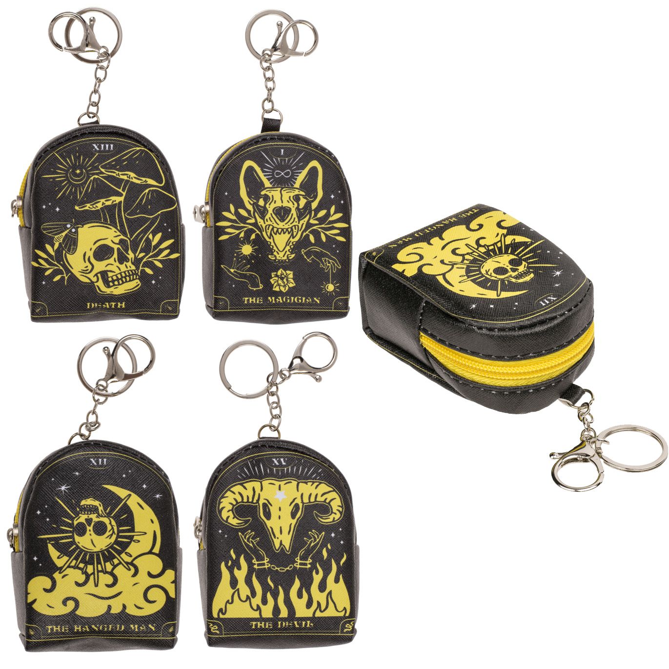 Mehrere schwarze Mini-Portemonnaies mit gelben Motiven und Schlüsselanhängern. Verschiedene Designs.