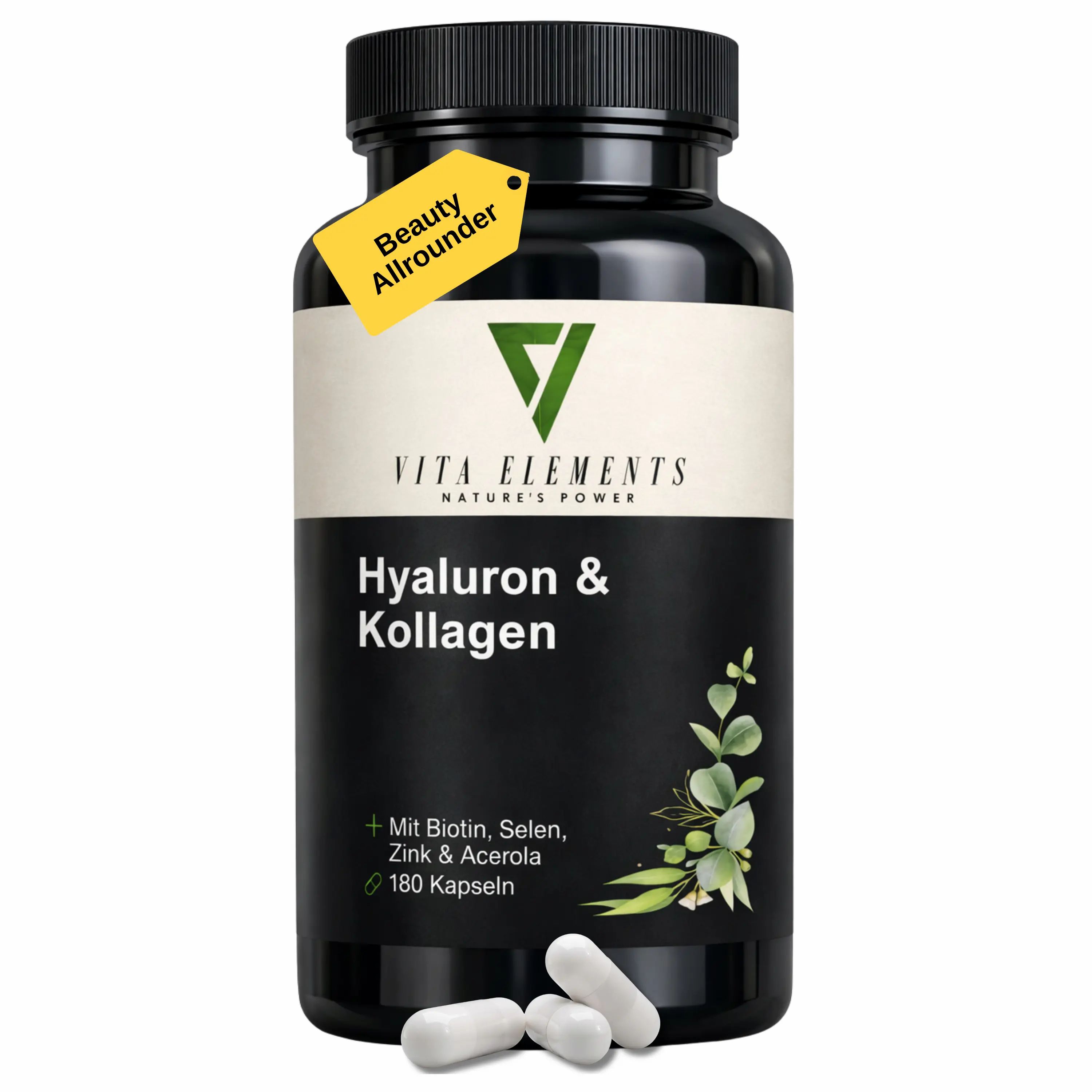 Schwarze Dose mit Vita Elements Hyaluron & Kollagen Kapseln, 180 Stück. Enthält Biotin, Selen, Zink & Acerola.