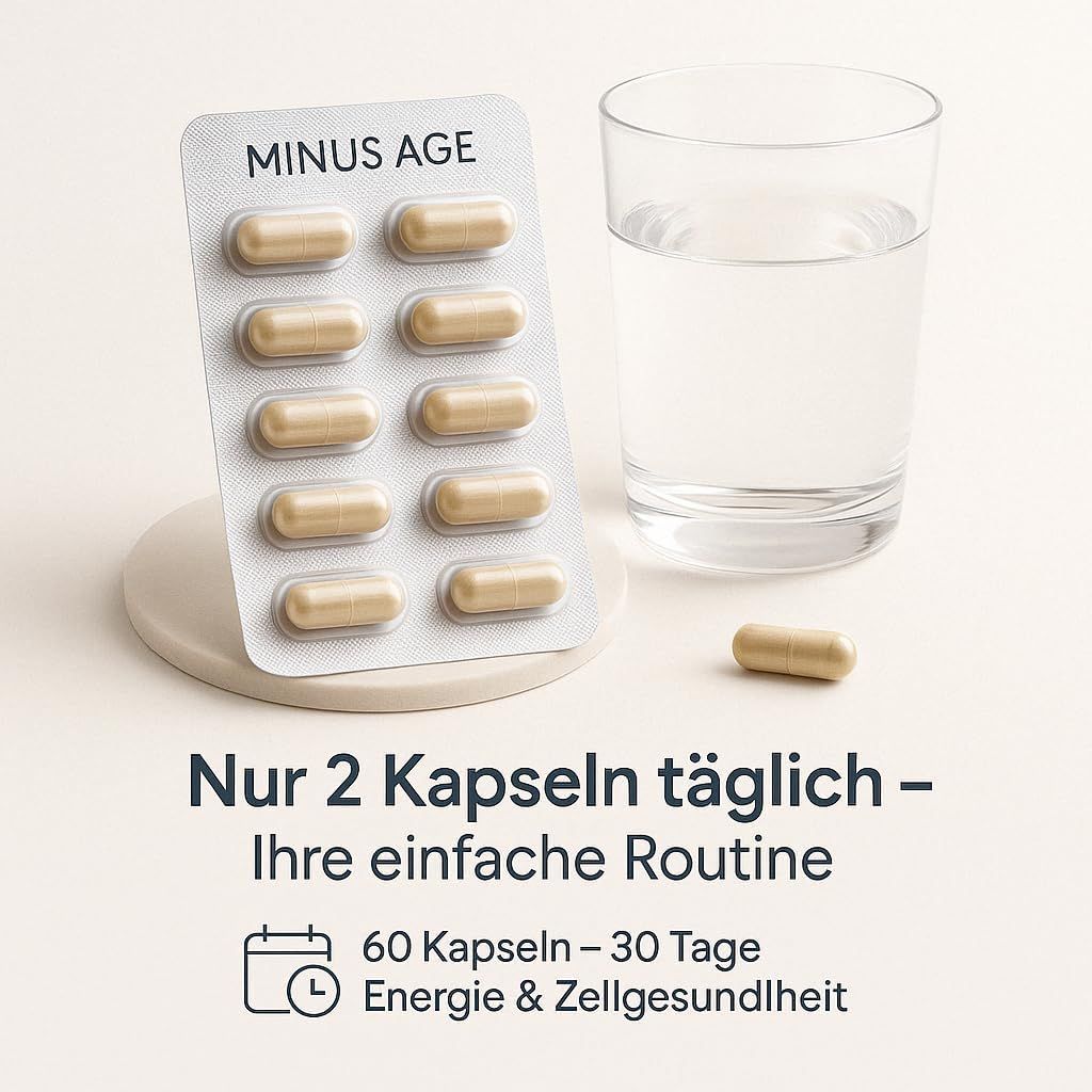 Blisterpackung mit Kapseln, Glas Wasser, eine Kapsel daneben. Text: Nur 2 Kapseln täglich.