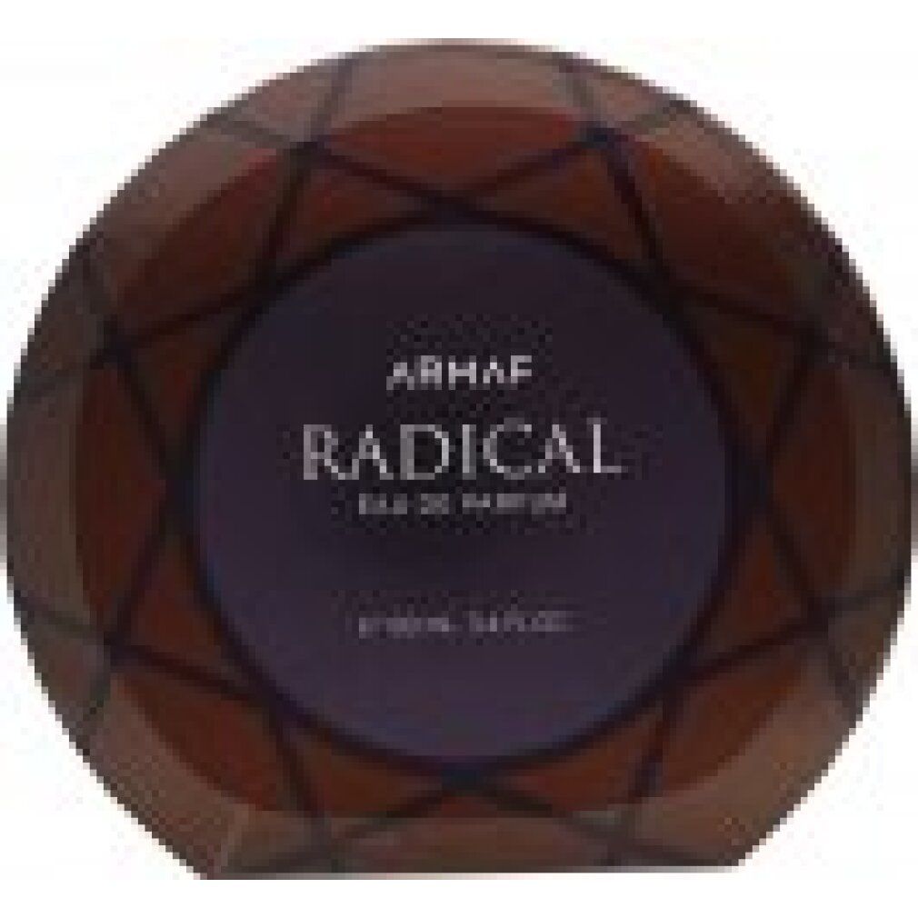 Runde Verpackung, braun mit geometrischem Muster. Text: Armaf Radical Eau de Parfum. Flasche nicht sichtbar.