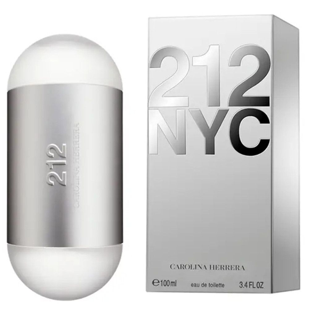 Parfümflakon und Verpackung. Flakon zylindrisch, silberfarben mit weißem Deckel. Verpackung silberfarben mit "212 NYC"-Schriftzug.