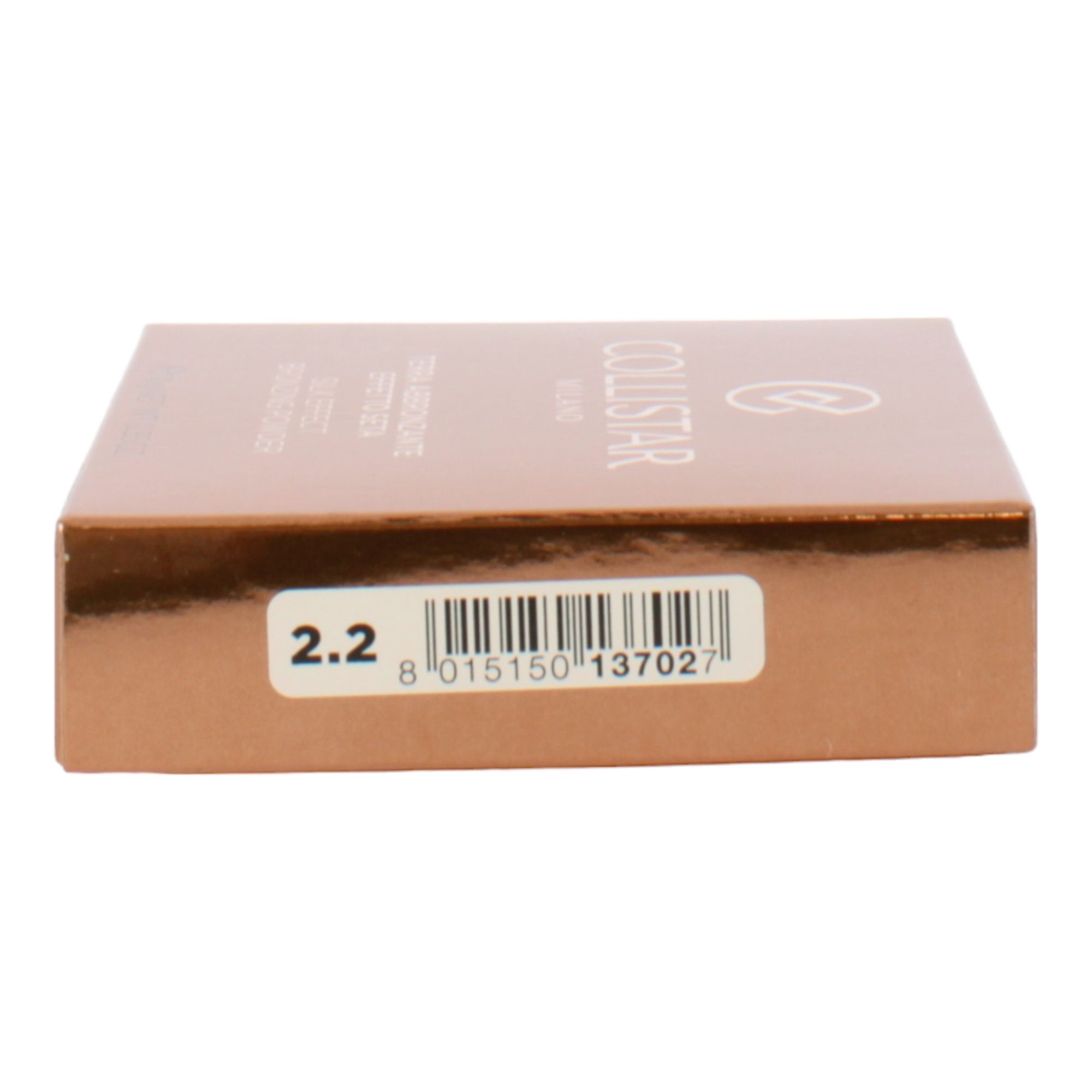 Seite der Bronzepuder-Verpackung. Marke Collistar. Aufdruck: 2.2 und Barcode.