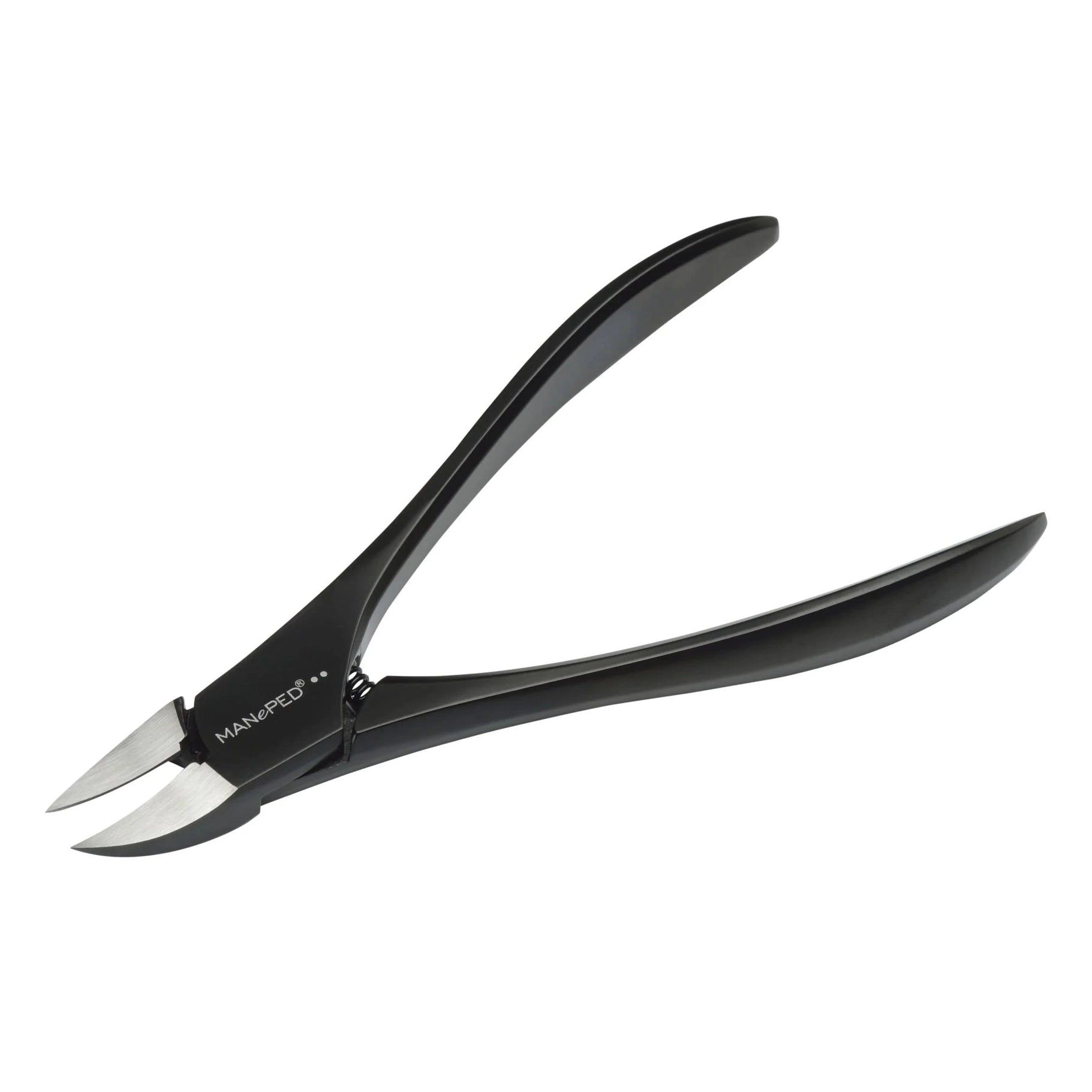 Schwarze Nagelzange, MANePED-Logo. Geöffnete Form, Metallklingen.