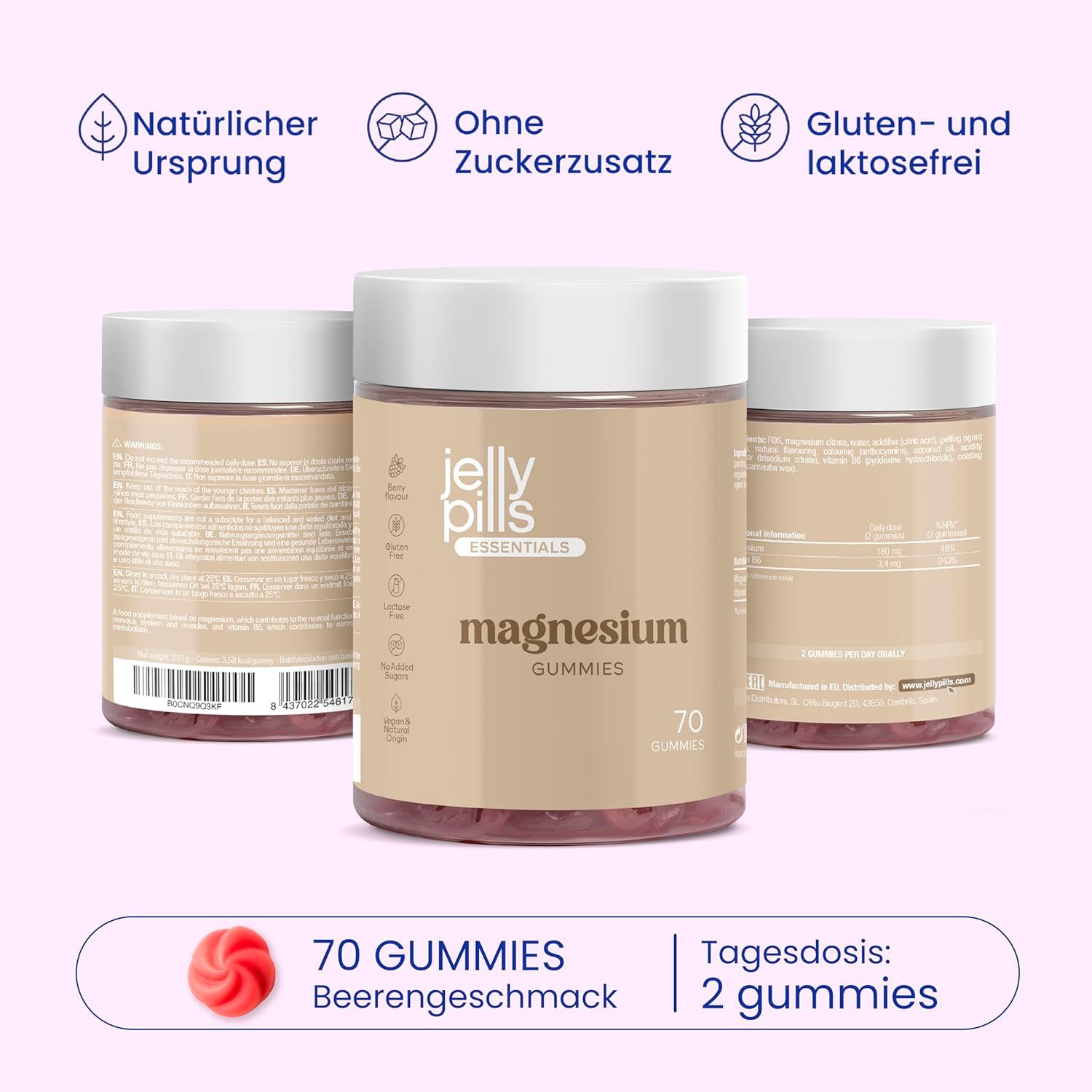 Drei Behälter Jelly Pills Magnesium Gummibärchen. 70 Stück. Beeren-Geschmack. Tagesdosis: 2 Gummibärchen.