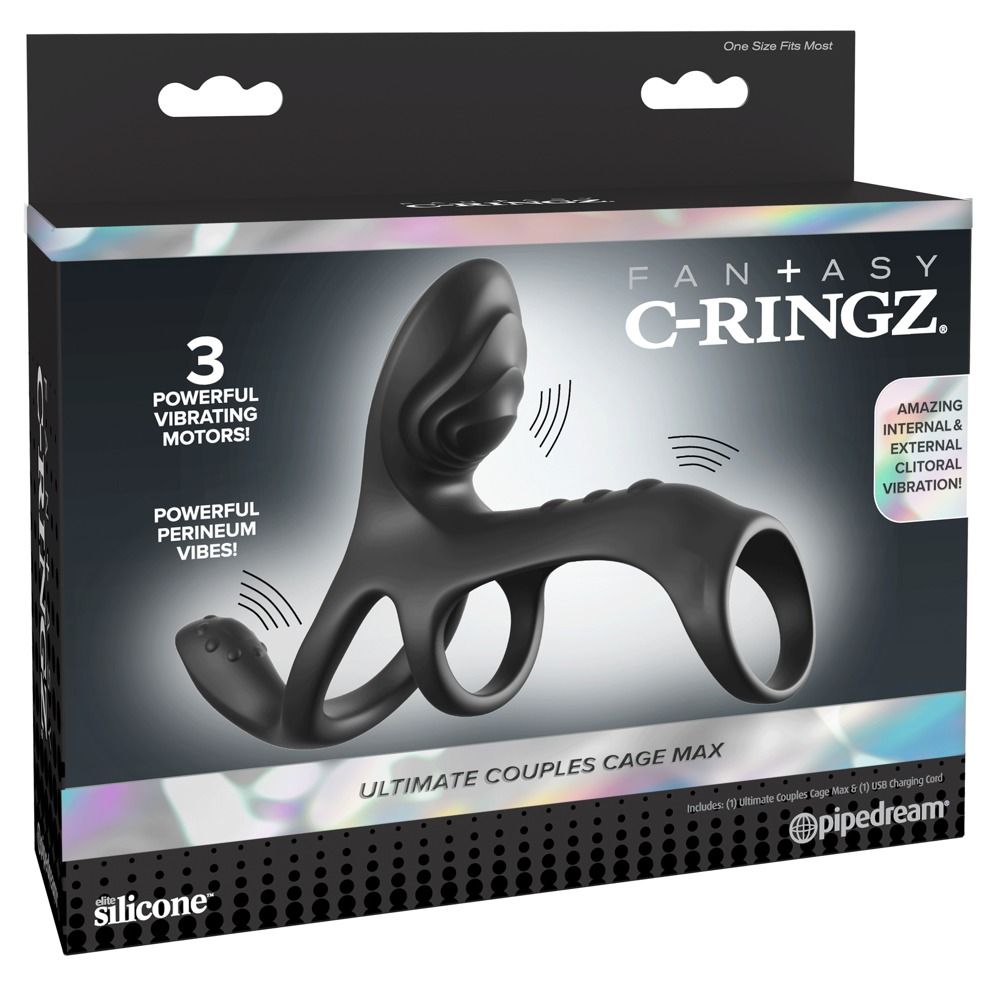 Schwarze Verpackung mit Produktabbildung. Text: Fantasy C-Ringz, 3 Vibrationsmotoren, Ultimate Couples Cage Max. Marke: Pipedream.