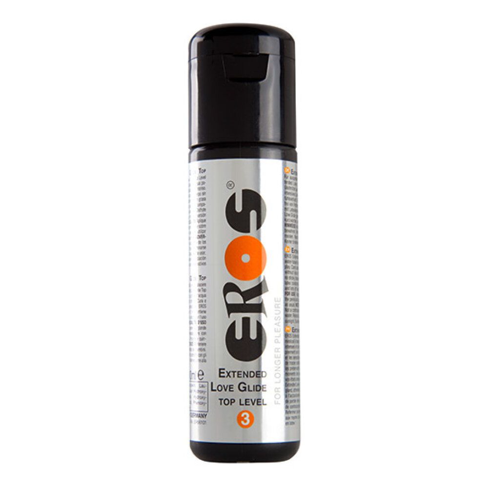 Zylindrische Flasche mit schwarzem Deckel. Aufschrift "EROS" mit orangefarbenem Kreis. Text: "Extended Love Glide Top Level 3".