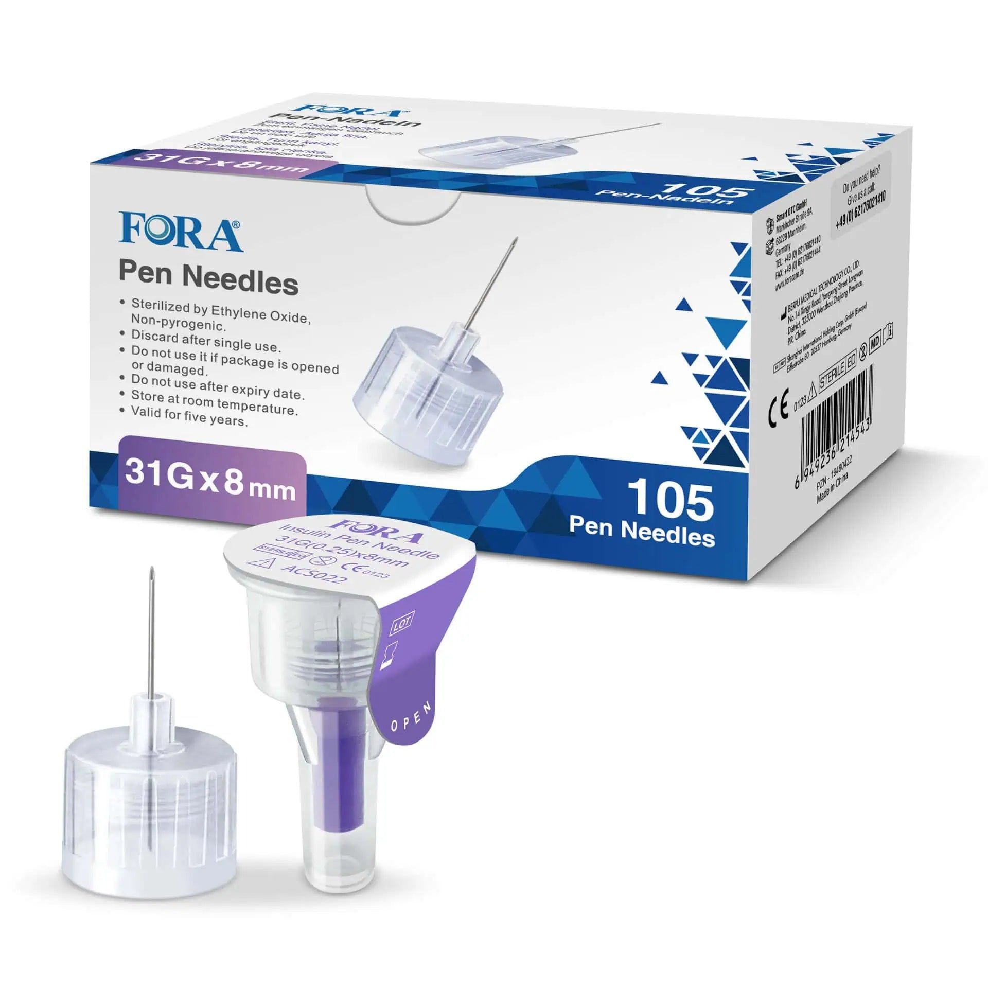 FORA Pen-Nadeln 31G x 8mm, 105 Stück. Steril und einzeln verpackt.