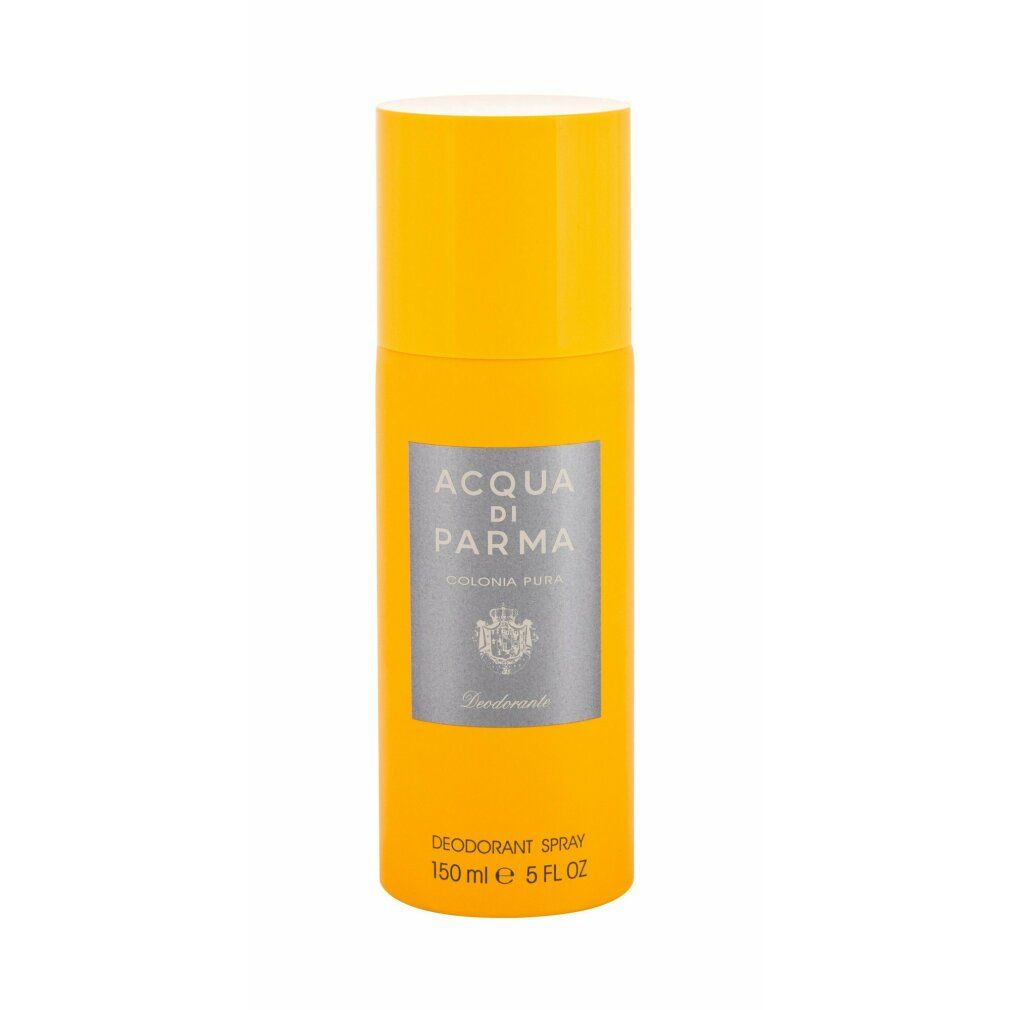Gelbes Deodorant-Spray mit gelbem Deckel. Silbernes Etikett mit Text: Acqua di Parma, Colonia Pura. Unten: Deodorant Spray, 150 ml, 5 FL OZ.