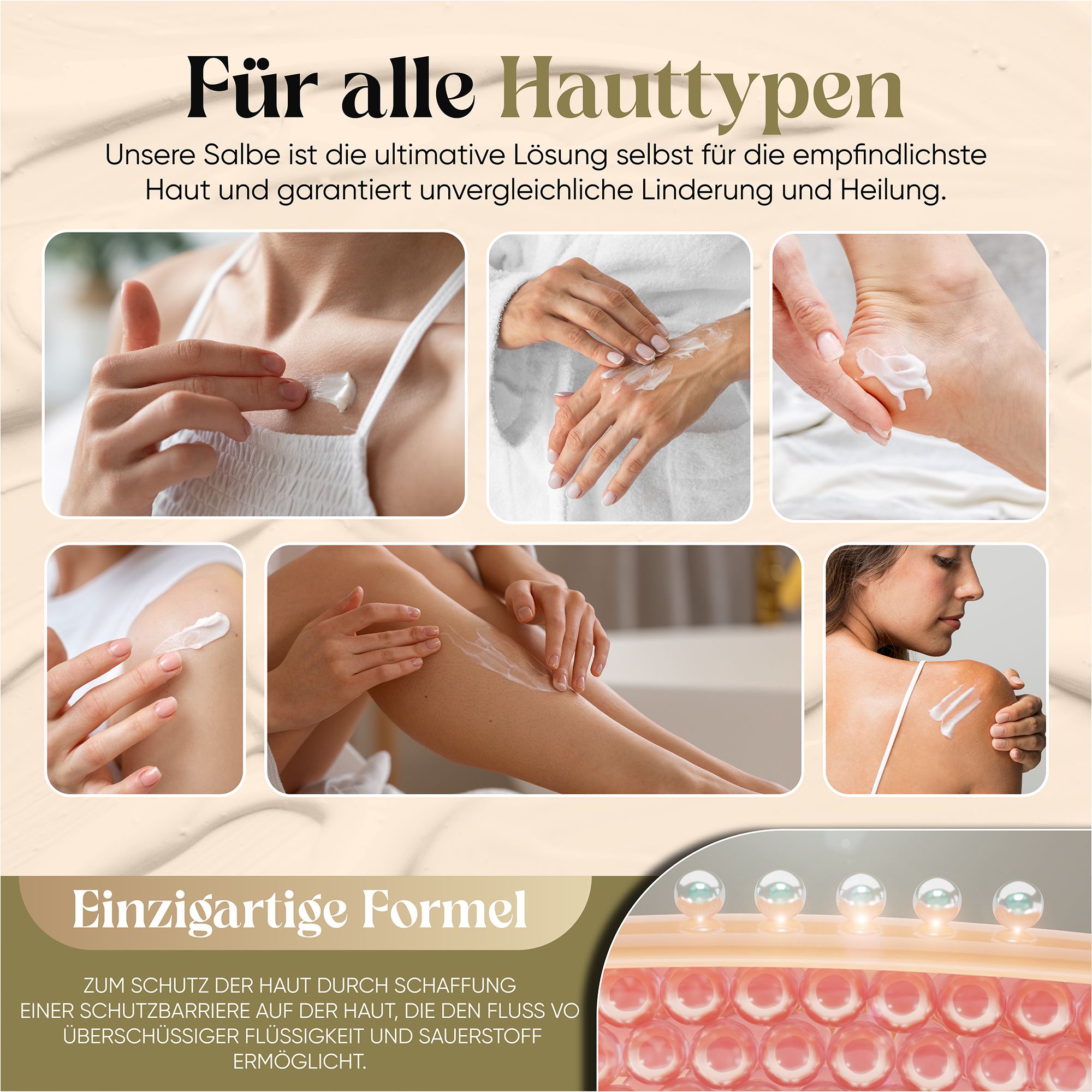 Collage zeigt Anwendung der Salbe auf verschiedenen Hautpartien. Text: 'Für alle Hauttypen' und 'Einzigartige Formel'.