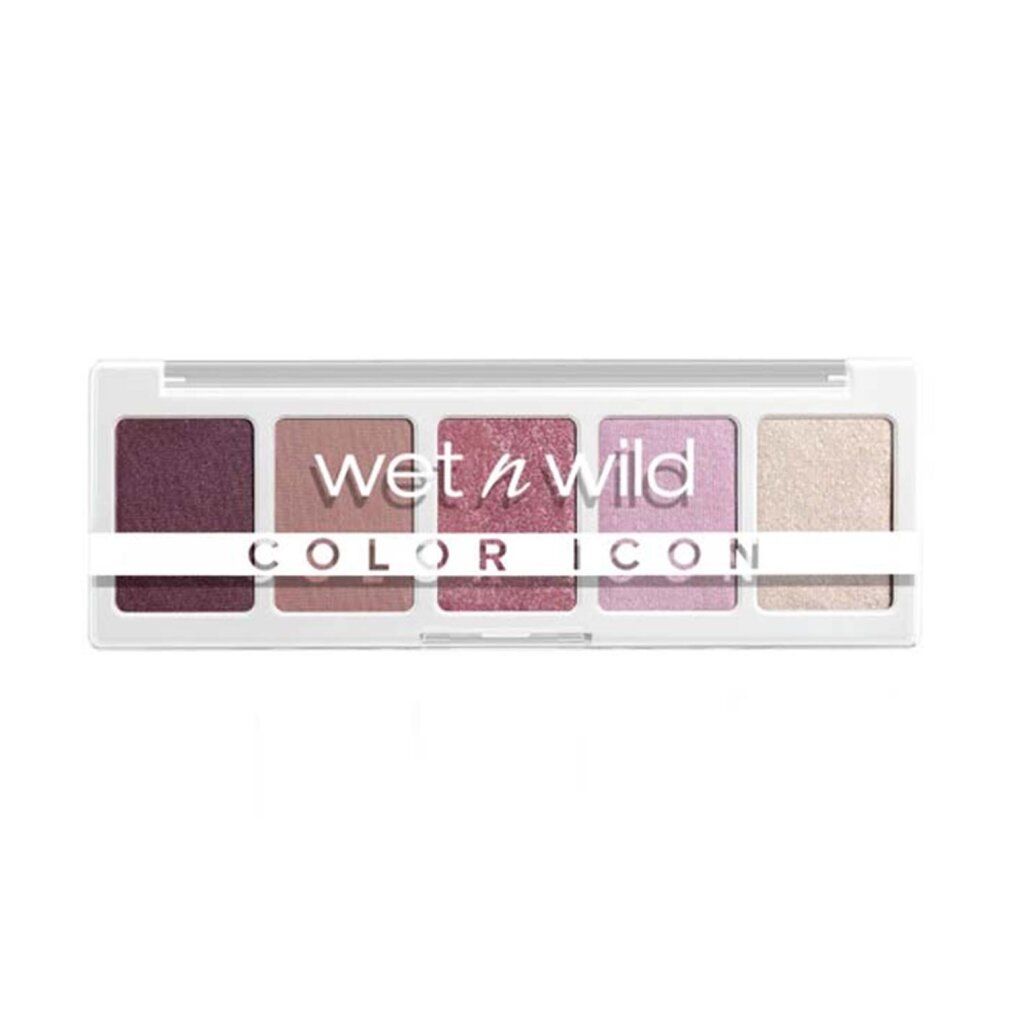 Lidschatten-Palette mit fünf Farbtönen. Weißes Gehäuse mit Produktnamen. Farbnuancen: Pflaume, Taupe, Rosa, Lavendel, Champagner.