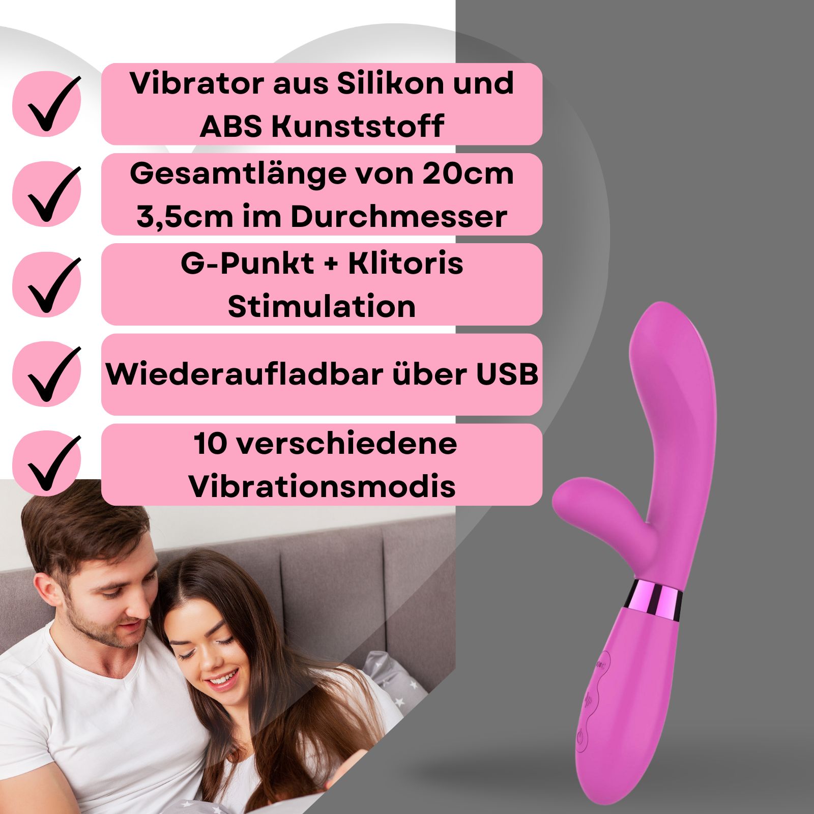 Rosa Vibrator, Silikon und ABS. 20cm lang, 3,5cm Durchmesser. Paar im Hintergrund. Auf Podest. 10 Modi. USB.