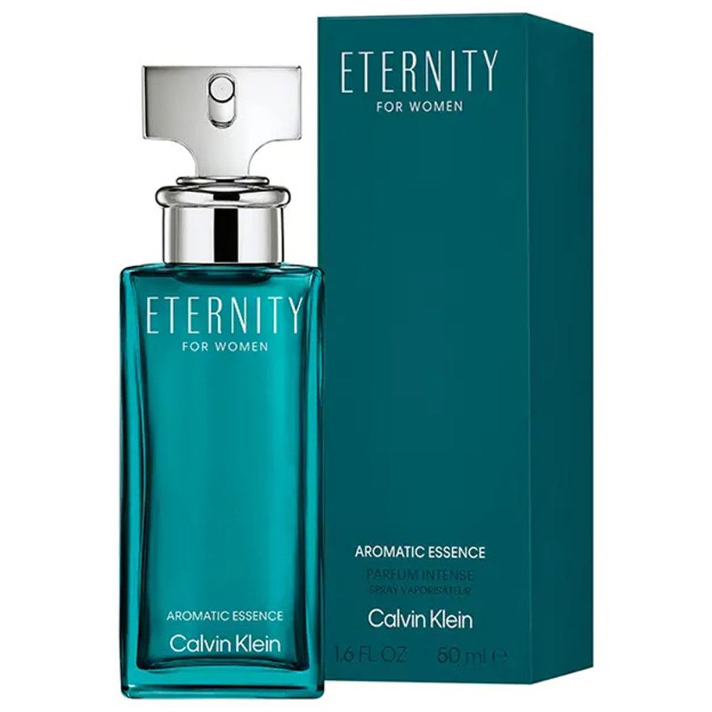 Türkisgrüner Flakon und Schachtel. Aufschrift: Eternity for Women, Aromatic Essence, Calvin Klein. Flakon mit silbernem Verschluss.